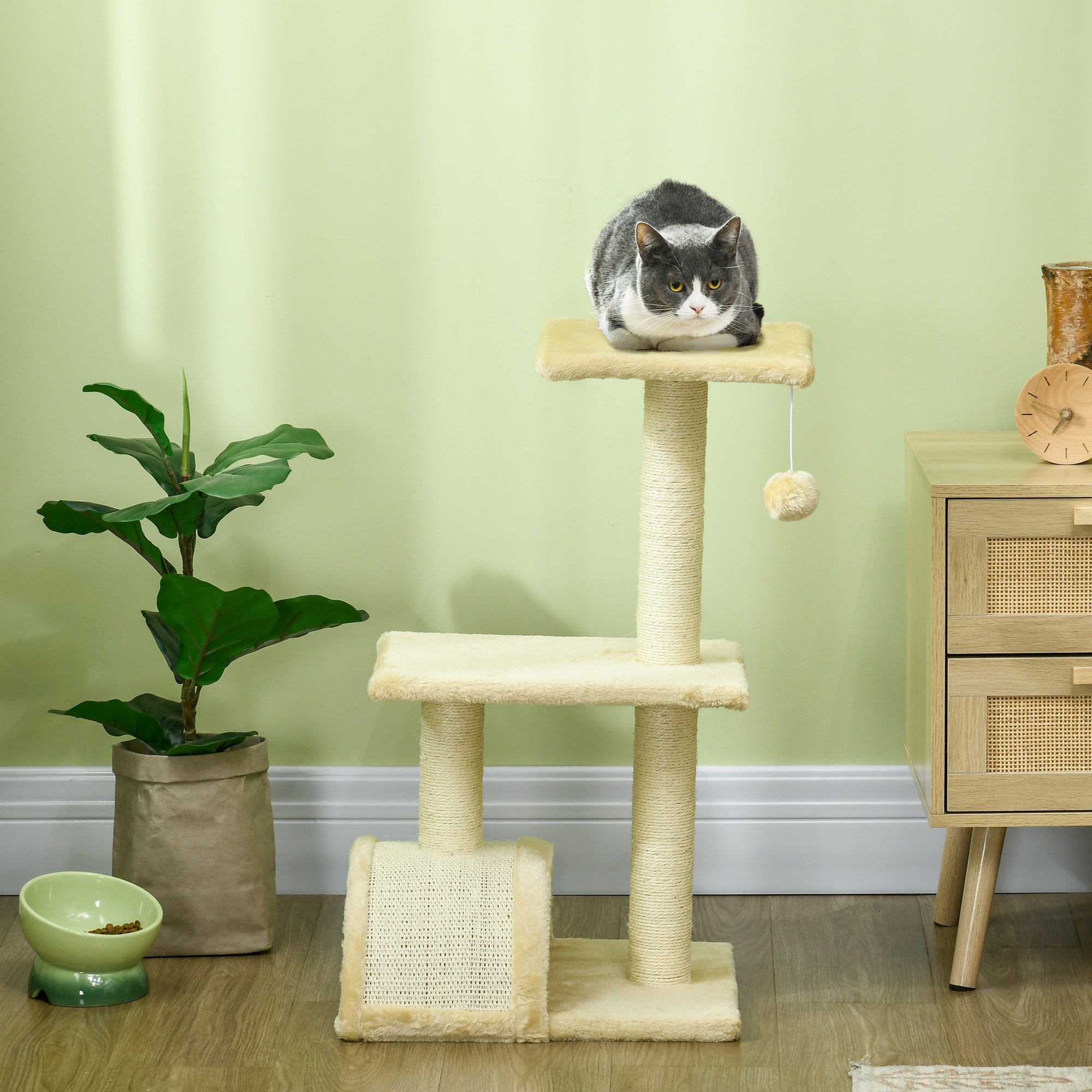 PawHut Cat Tree Tower for Indoor Cats, 72cm Climbing Activity Centre w/ Sisal Scratching Post, Pad, Arc Perch, Hanging Ball, Toy - Cream white