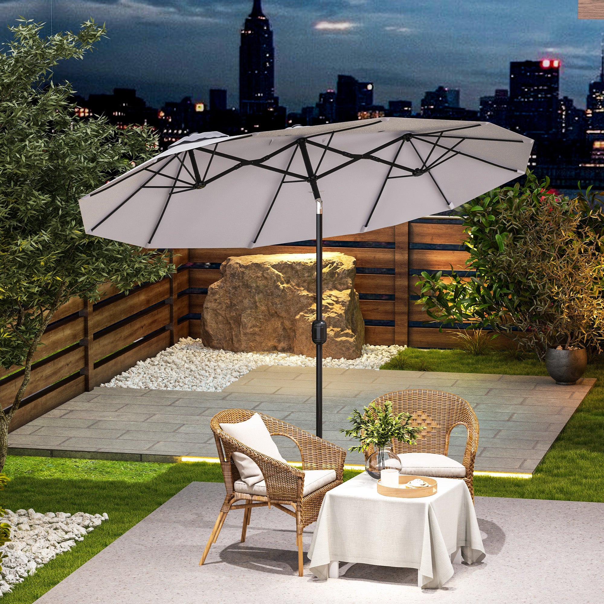 Outsunny 9.7ft Patio Umbrella with Double Sided Canopy, Outdoor Market Table Parasol with Push Button Tilt, Crank, 3 Air Vents and 12 Ribs, for Garden, Deck, Pool, Cream White