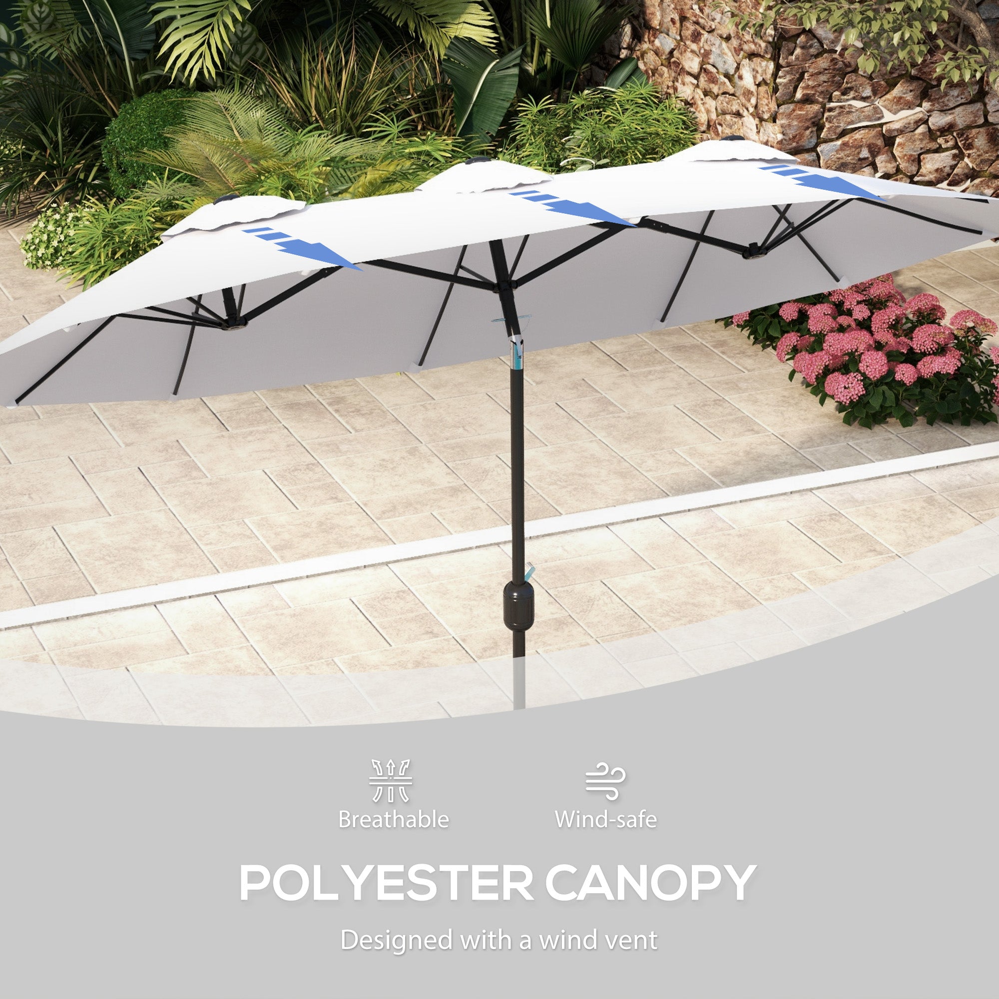 Outsunny 9.7ft Patio Umbrella with Double Sided Canopy, Outdoor Market Table Parasol with Push Button Tilt, Crank, 3 Air Vents and 12 Ribs, for Garden, Deck, Pool, Cream White