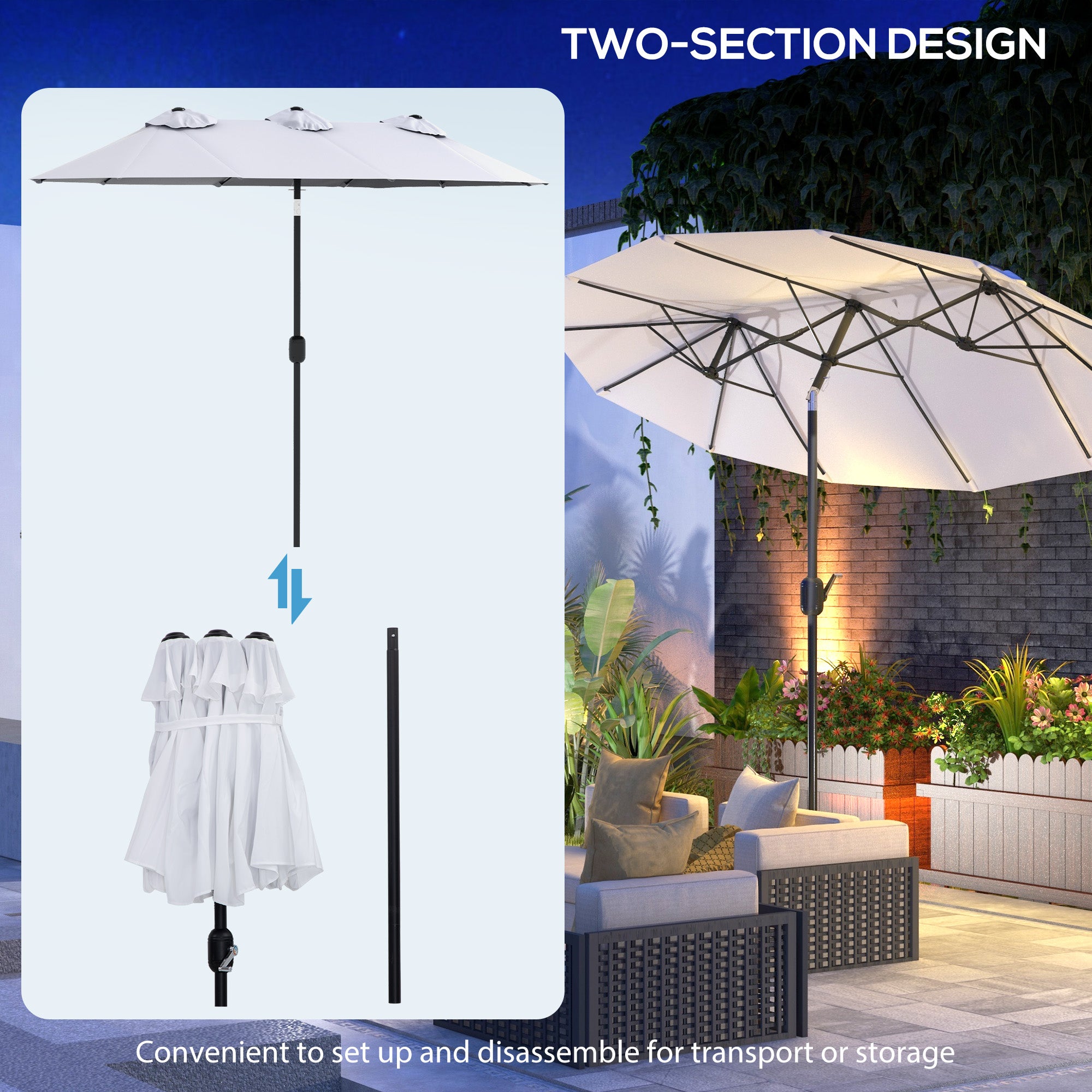 Outsunny 9.7ft Patio Umbrella with Double Sided Canopy, Outdoor Market Table Parasol with Push Button Tilt, Crank, 3 Air Vents and 12 Ribs, for Garden, Deck, Pool, Cream White
