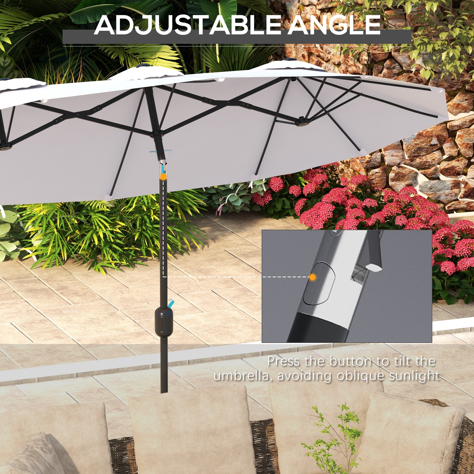 Outsunny 9.7ft Patio Umbrella with Double Sided Canopy, Outdoor Market Table Parasol with Push Button Tilt, Crank, 3 Air Vents and 12 Ribs, for Garden, Deck, Pool, Cream White