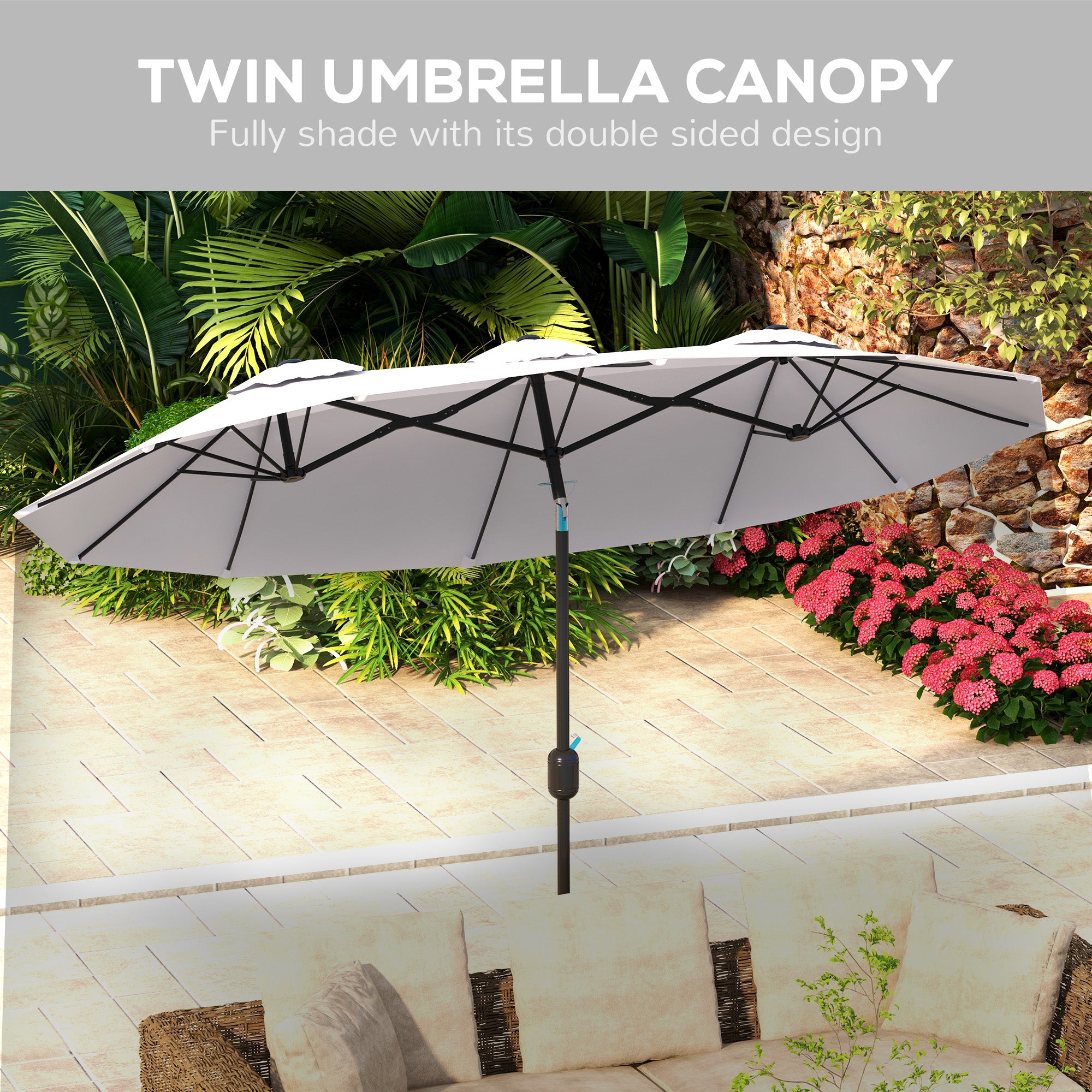 Outsunny 9.7ft Patio Umbrella with Double Sided Canopy, Outdoor Market Table Parasol with Push Button Tilt, Crank, 3 Air Vents and 12 Ribs, for Garden, Deck, Pool, Cream White