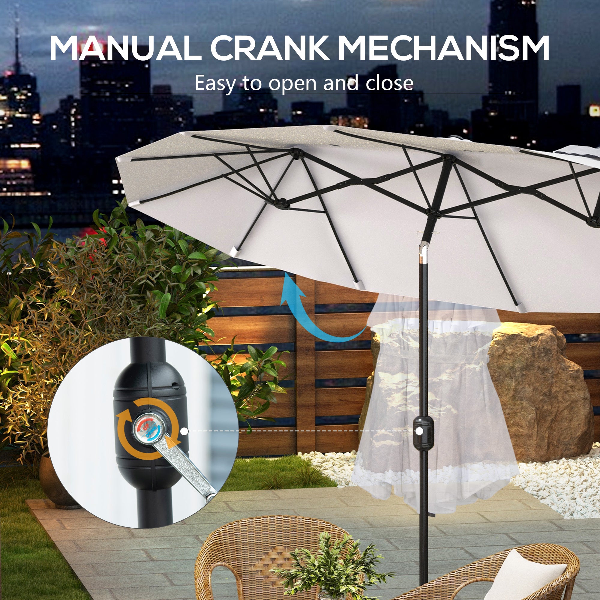 Outsunny 9.7ft Patio Umbrella with Double Sided Canopy, Outdoor Market Table Parasol with Push Button Tilt, Crank, 3 Air Vents and 12 Ribs, for Garden, Deck, Pool, Cream White