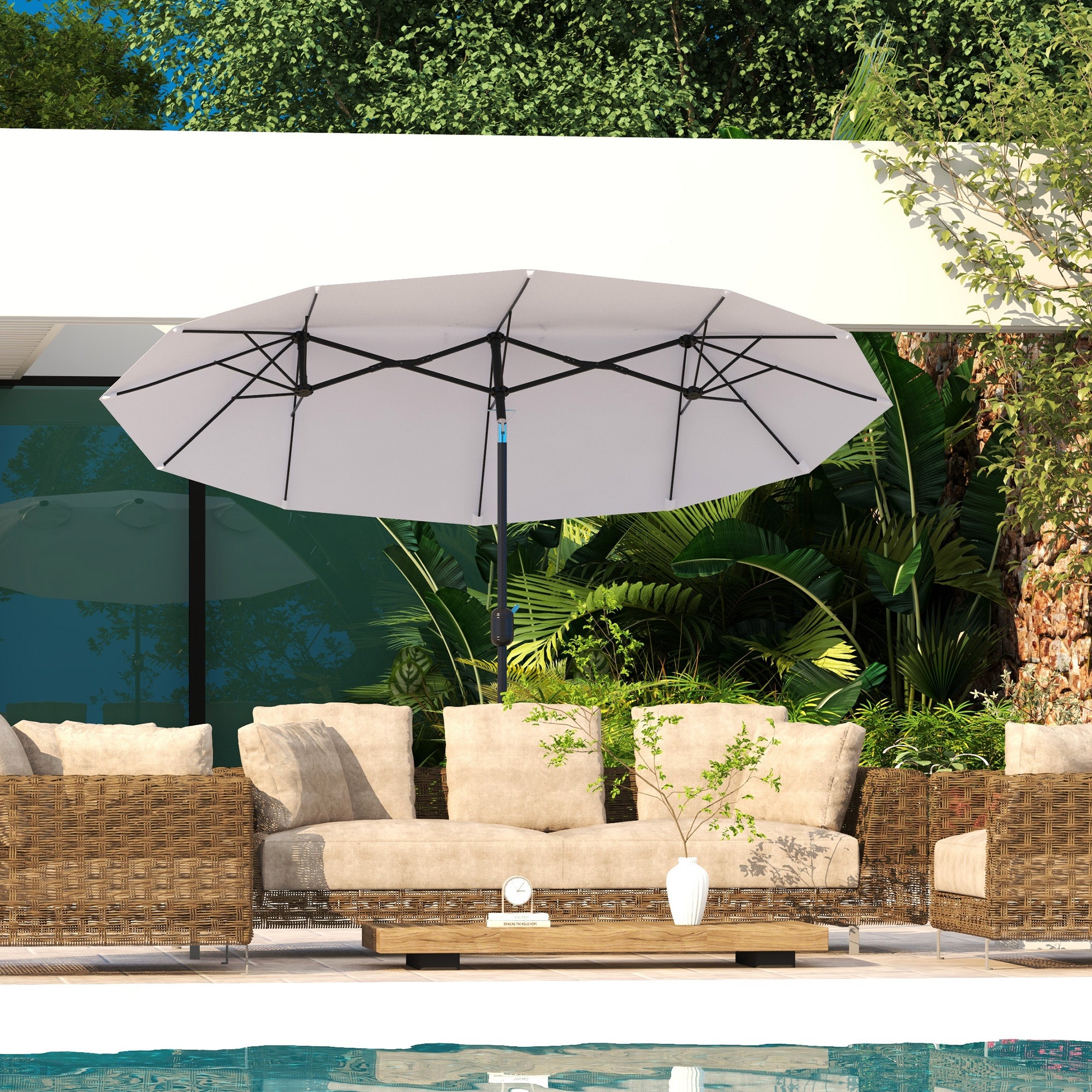 Outsunny 9.7ft Patio Umbrella with Double Sided Canopy, Outdoor Market Table Parasol with Push Button Tilt, Crank, 3 Air Vents and 12 Ribs, for Garden, Deck, Pool, Cream White