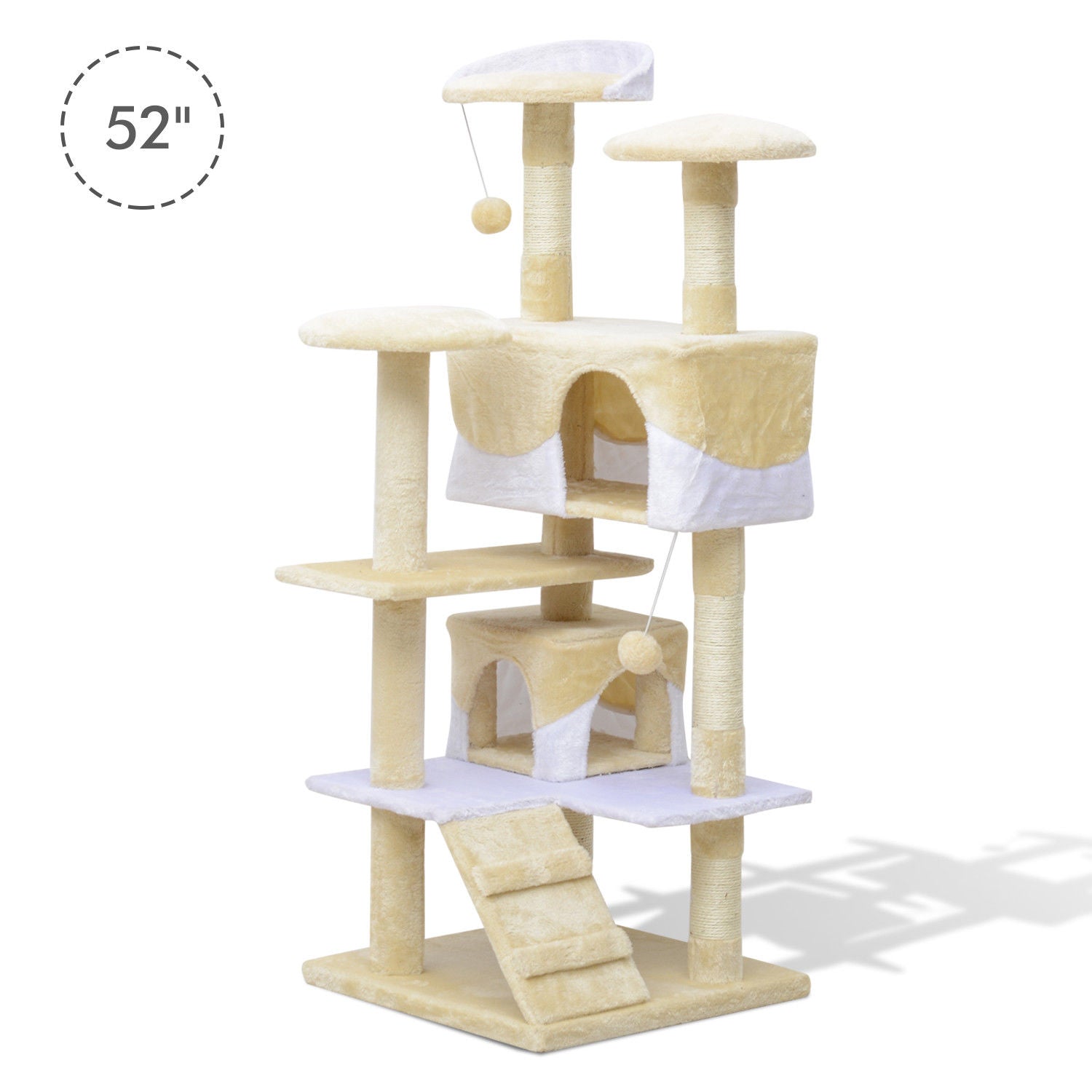 PawHut 52" Cat Tree Tower, Large Cat Condo Furniture Multi-Level Activity Center with Scratching Posts, Perches, Ramp, Dangling Balls - Cream White