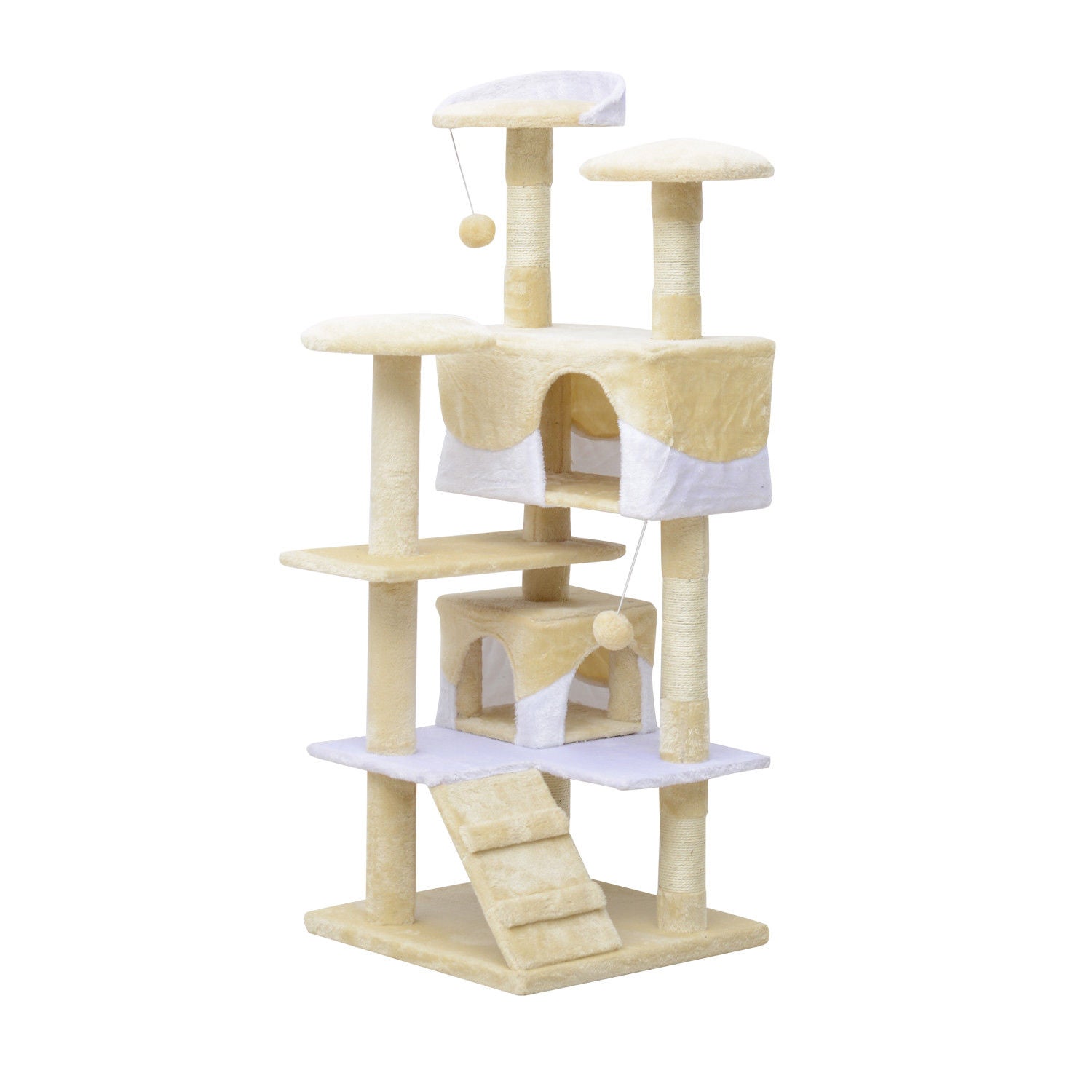 PawHut 52" Cat Tree Tower, Large Cat Condo Furniture Multi-Level Activity Center with Scratching Posts, Perches, Ramp, Dangling Balls - Cream White