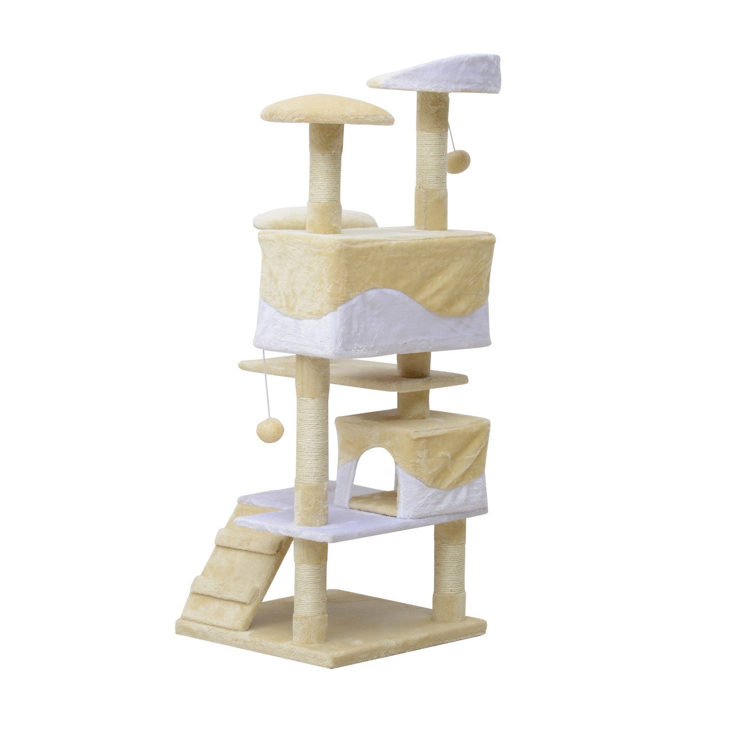 PawHut 52" Cat Tree Tower, Large Cat Condo Furniture Multi-Level Activity Center with Scratching Posts, Perches, Ramp, Dangling Balls - Cream White