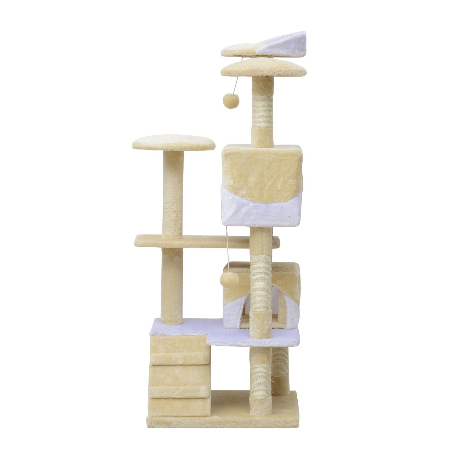 PawHut 52" Cat Tree Tower, Large Cat Condo Furniture Multi-Level Activity Center with Scratching Posts, Perches, Ramp, Dangling Balls - Cream White