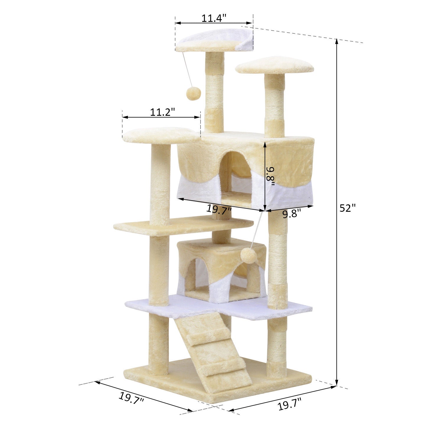 PawHut 52" Cat Tree Tower, Large Cat Condo Furniture Multi-Level Activity Center with Scratching Posts, Perches, Ramp, Dangling Balls - Cream White