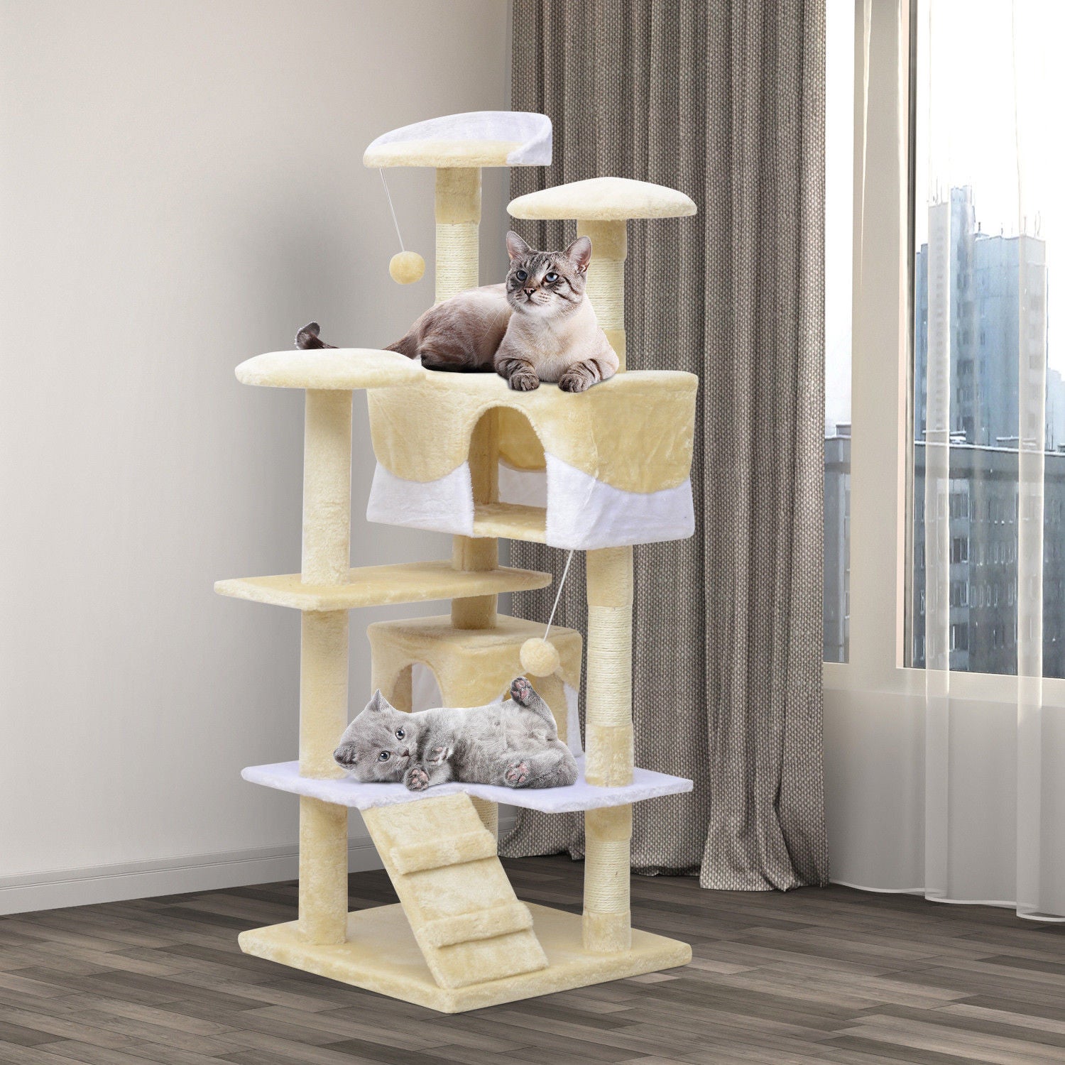 PawHut 52" Cat Tree Tower, Large Cat Condo Furniture Multi-Level Activity Center with Scratching Posts, Perches, Ramp, Dangling Balls - Cream White