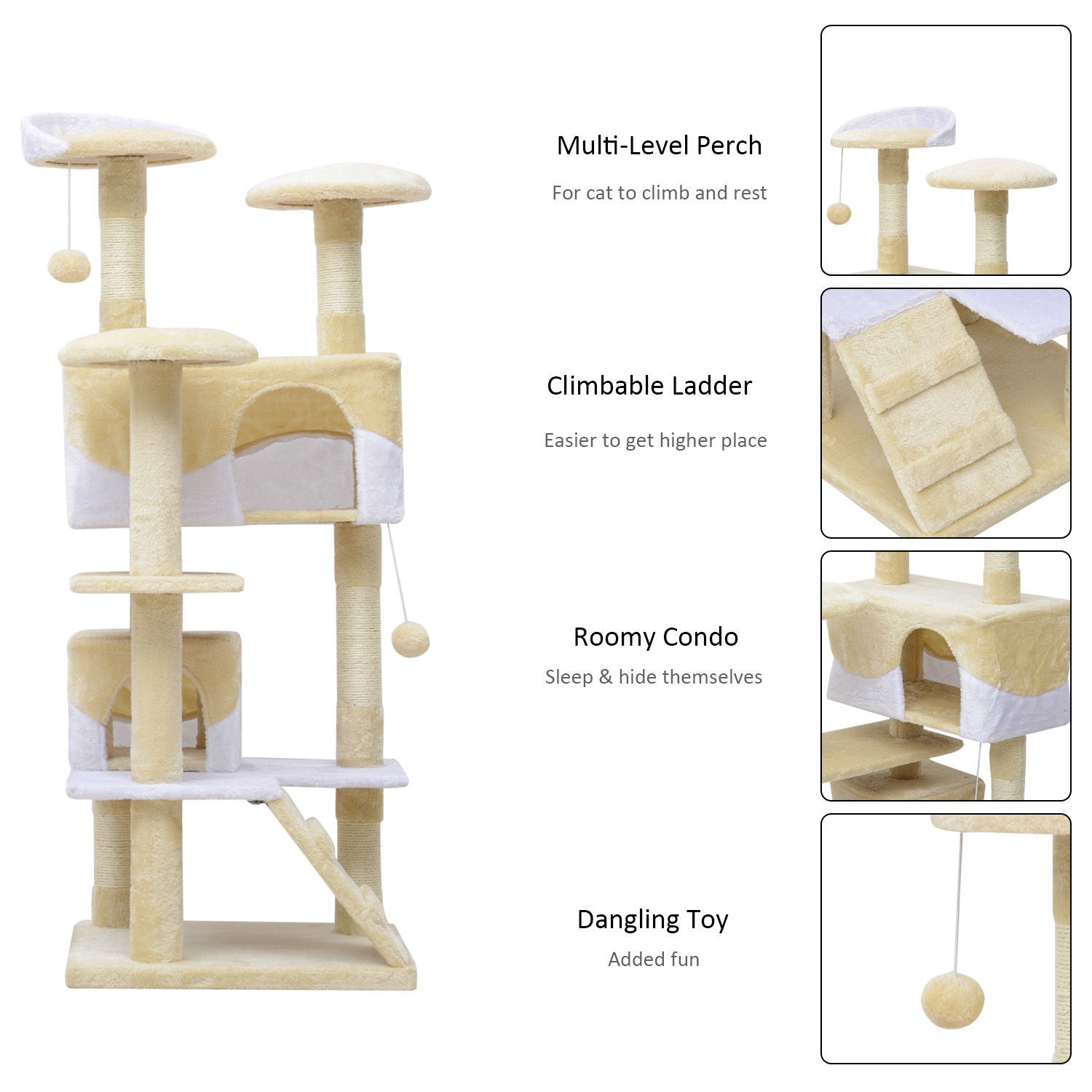 PawHut 52" Cat Tree Tower, Large Cat Condo Furniture Multi-Level Activity Center with Scratching Posts, Perches, Ramp, Dangling Balls - Cream White
