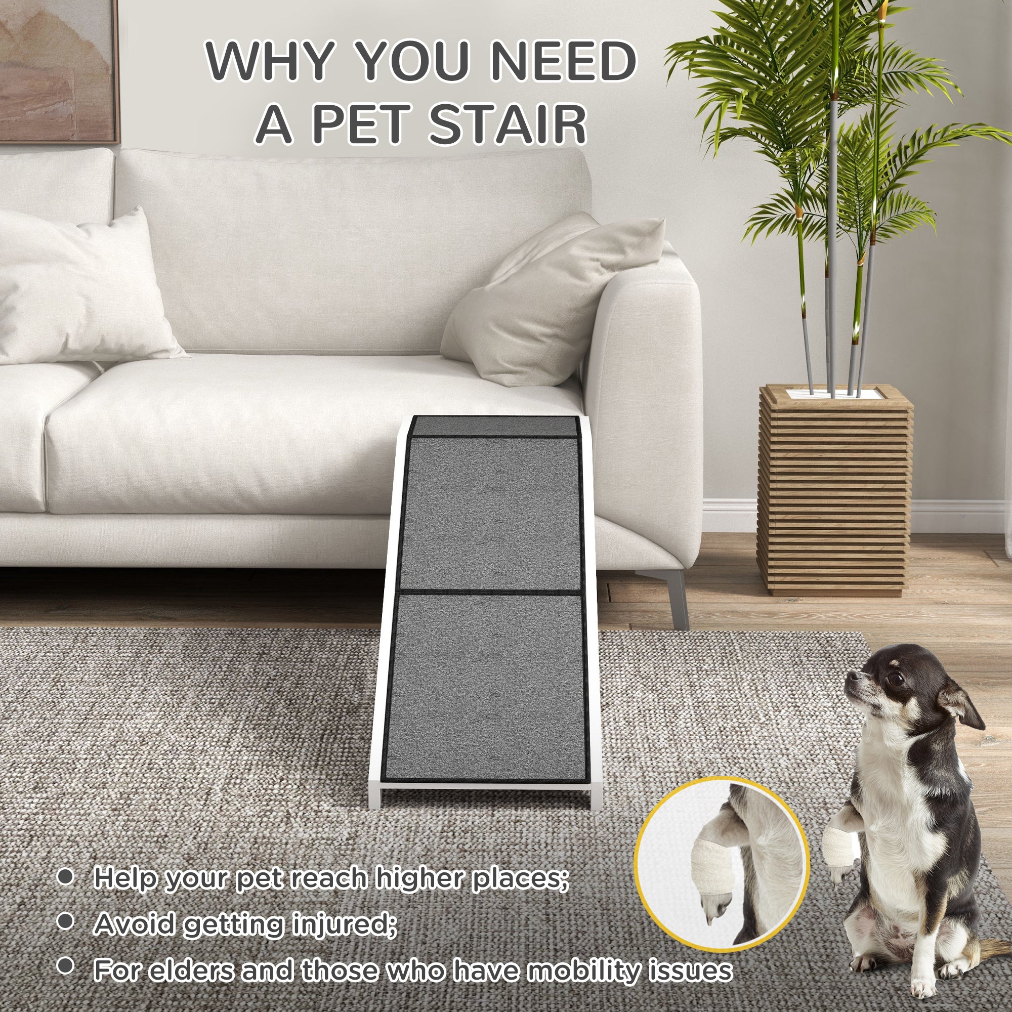 PawHut Dog Ramp for Bed, Pet Ramp for Dogs with Non-Slip Carpet and Top Platform, 60" x 16" x 20", White