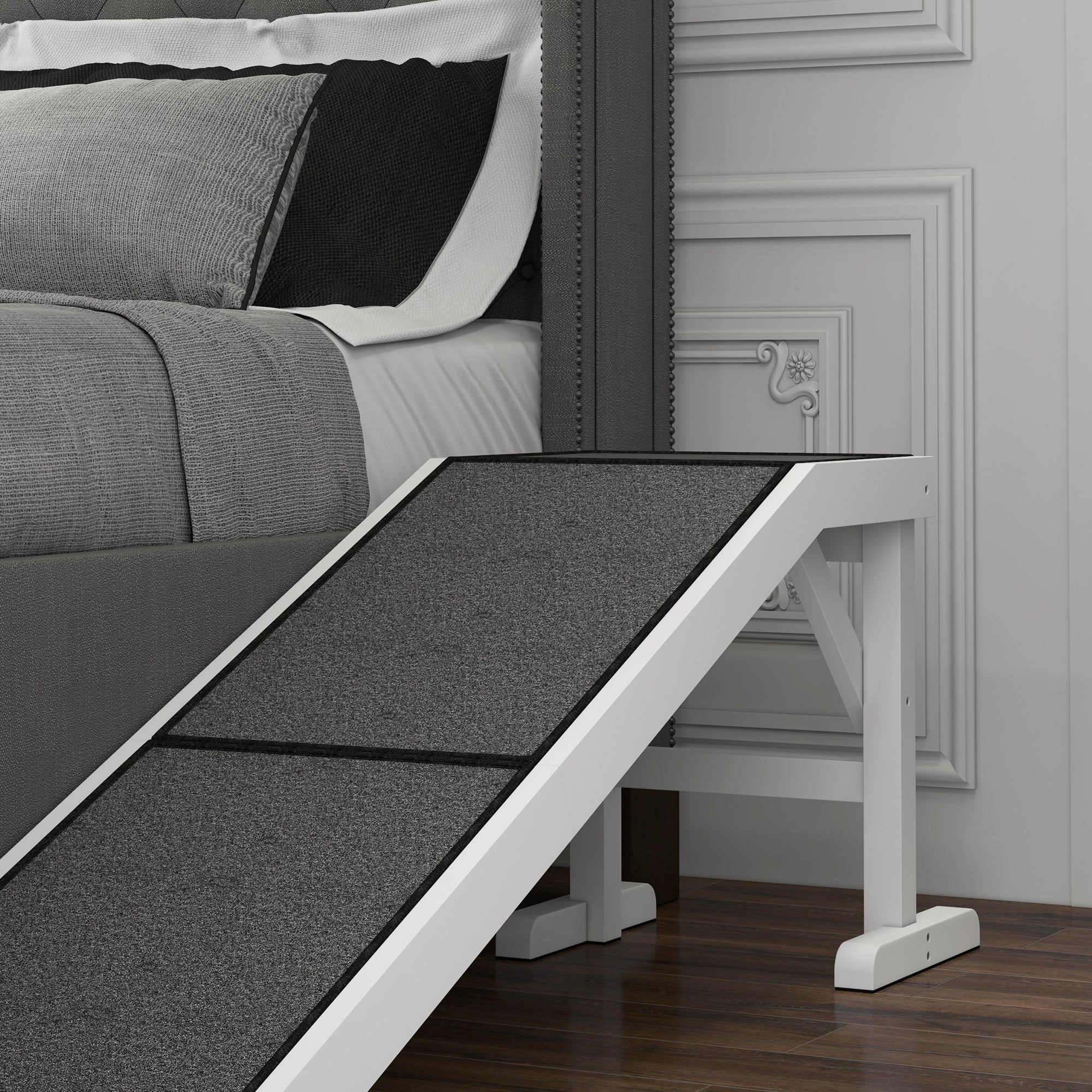 PawHut Pet Ramp Bed Steps for Dogs Cats Non-slip Carpet Top Platform Pine Wood 59"L x 16"W x 20"H White