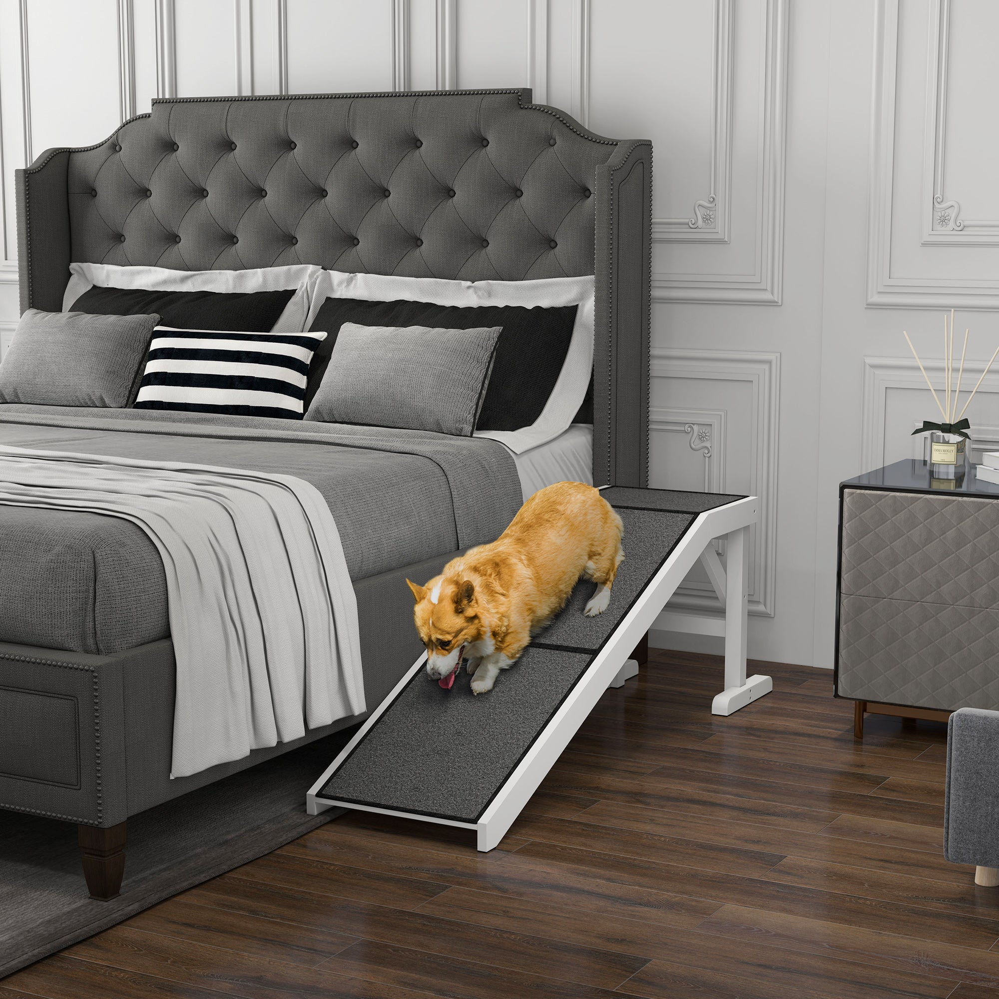 PawHut Pet Ramp Bed Steps for Dogs Cats Non-slip Carpet Top Platform Pine Wood 59"L x 16"W x 20"H White