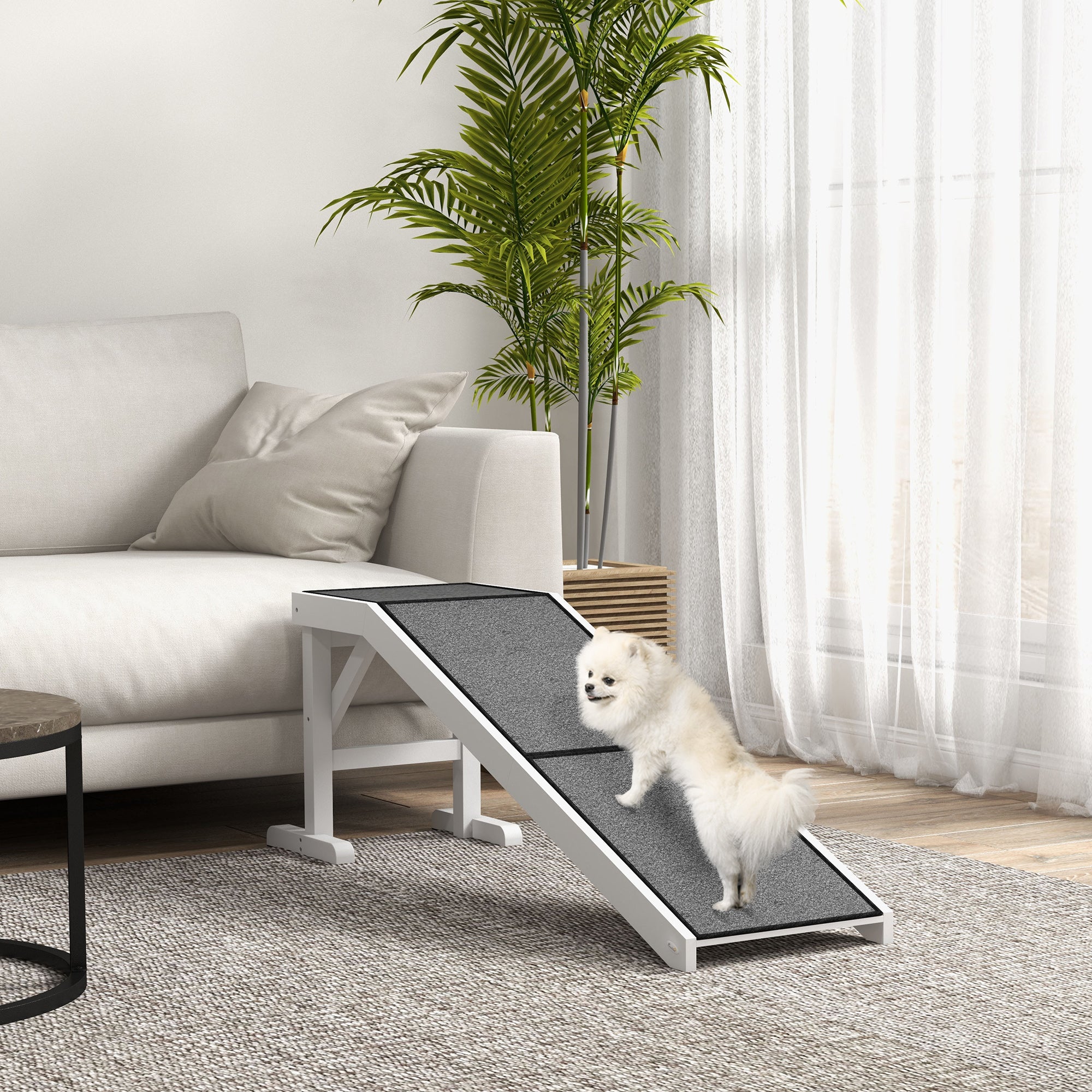 PawHut Dog Ramp for Bed, Pet Ramp for Dogs with Non-Slip Carpet and Top Platform, 60" x 16" x 20", White