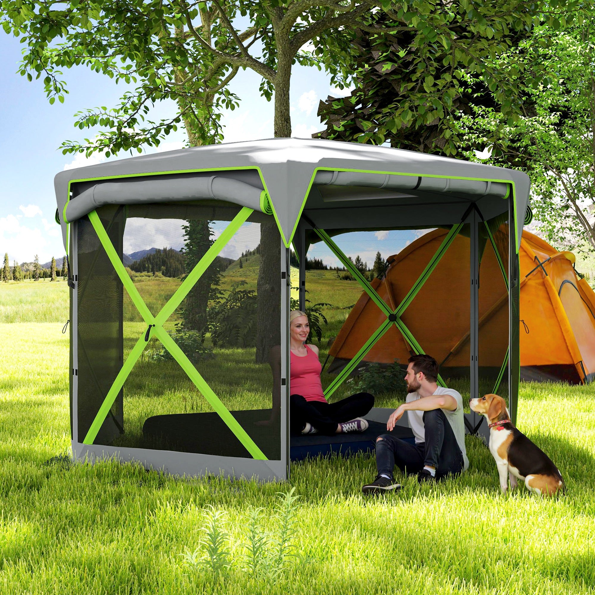 Outsunny Pop Up Camping Gazebo, 11 x 11ft Screen Tent House with UPF30+ Removable Roof Cover, 4 Roll-up Wind Panels and Portable Storage Bag for Patio, Backyard, Lawn
