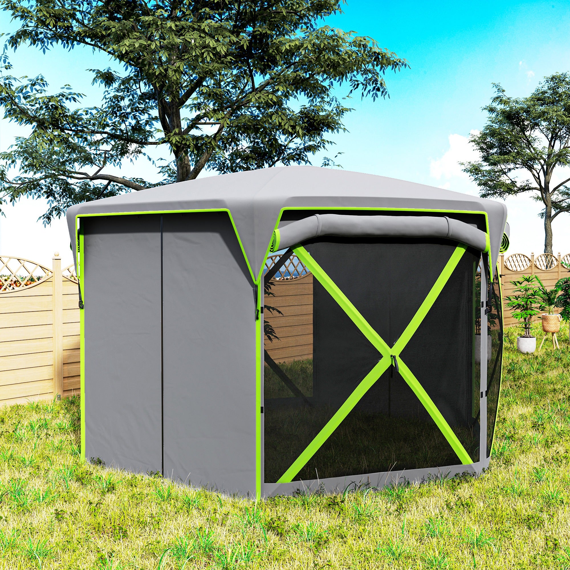 Outsunny Pop Up Camping Gazebo, 11 x 11ft Screen Tent House with UPF30+ Removable Roof Cover, 4 Roll-up Wind Panels and Portable Storage Bag for Patio, Backyard, Lawn