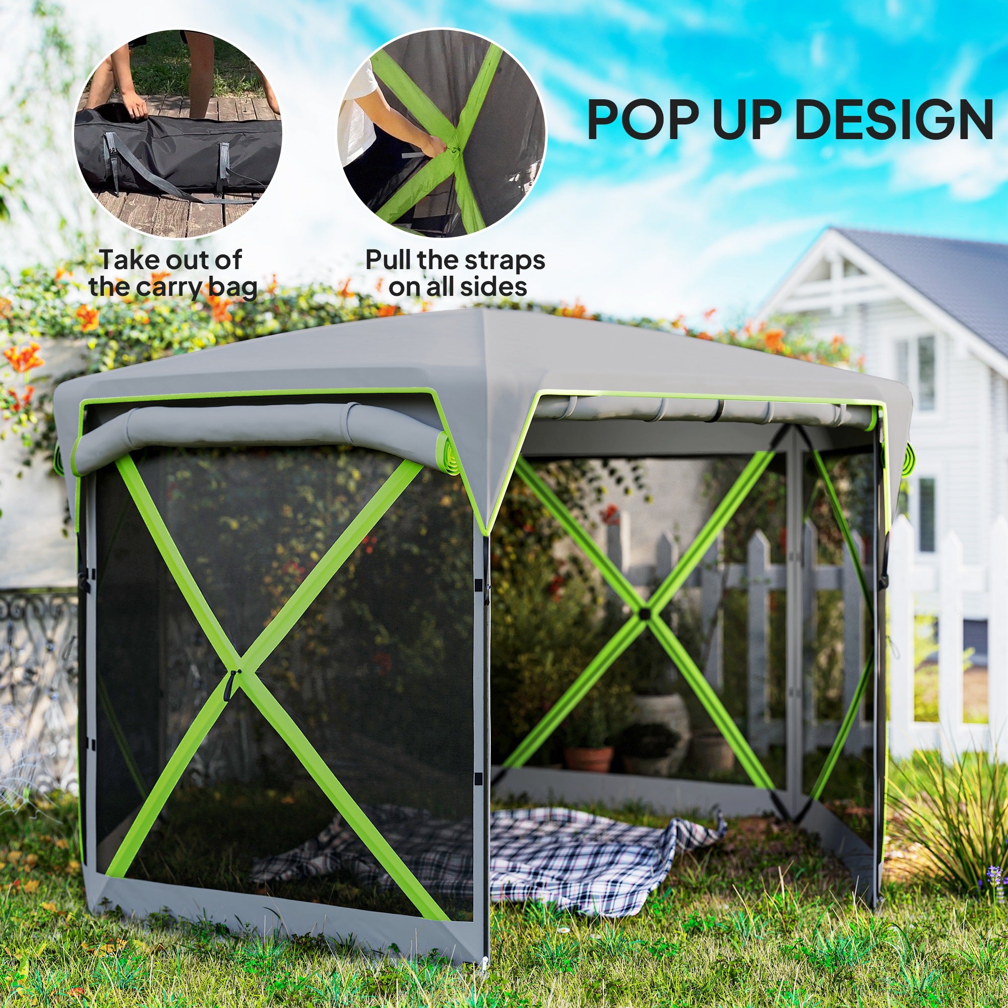 Outsunny Pop Up Camping Gazebo, 11 x 11ft Screen Tent House with UPF30+ Removable Roof Cover, 4 Roll-up Wind Panels and Portable Storage Bag for Patio, Backyard, Lawn
