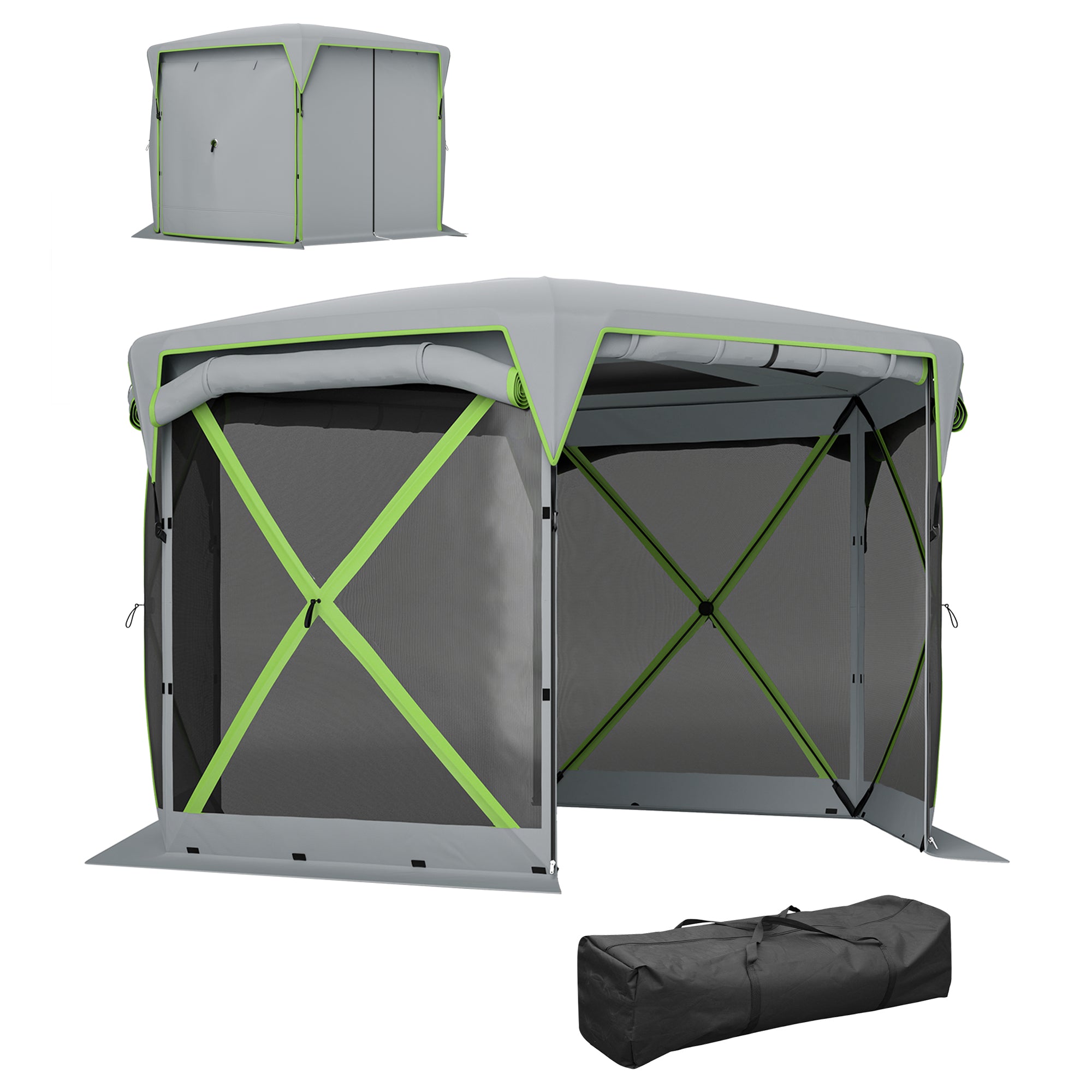 Outsunny Pop Up Camping Gazebo, 11 x 11ft Screen Tent House with UPF30+ Removable Roof Cover, 4 Roll-up Wind Panels and Portable Storage Bag for Patio, Backyard, Lawn