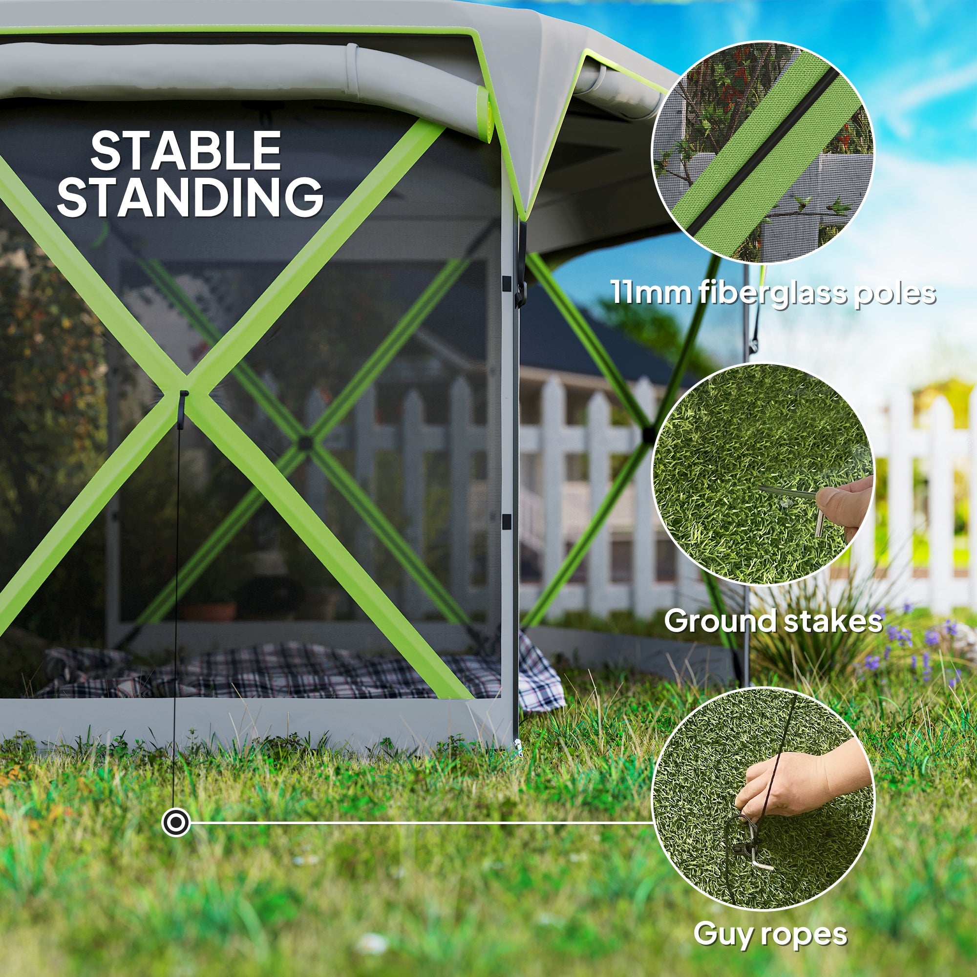 Outsunny Pop Up Camping Gazebo, 11 x 11ft Screen Tent House with UPF30+ Removable Roof Cover, 4 Roll-up Wind Panels and Portable Storage Bag for Patio, Backyard, Lawn