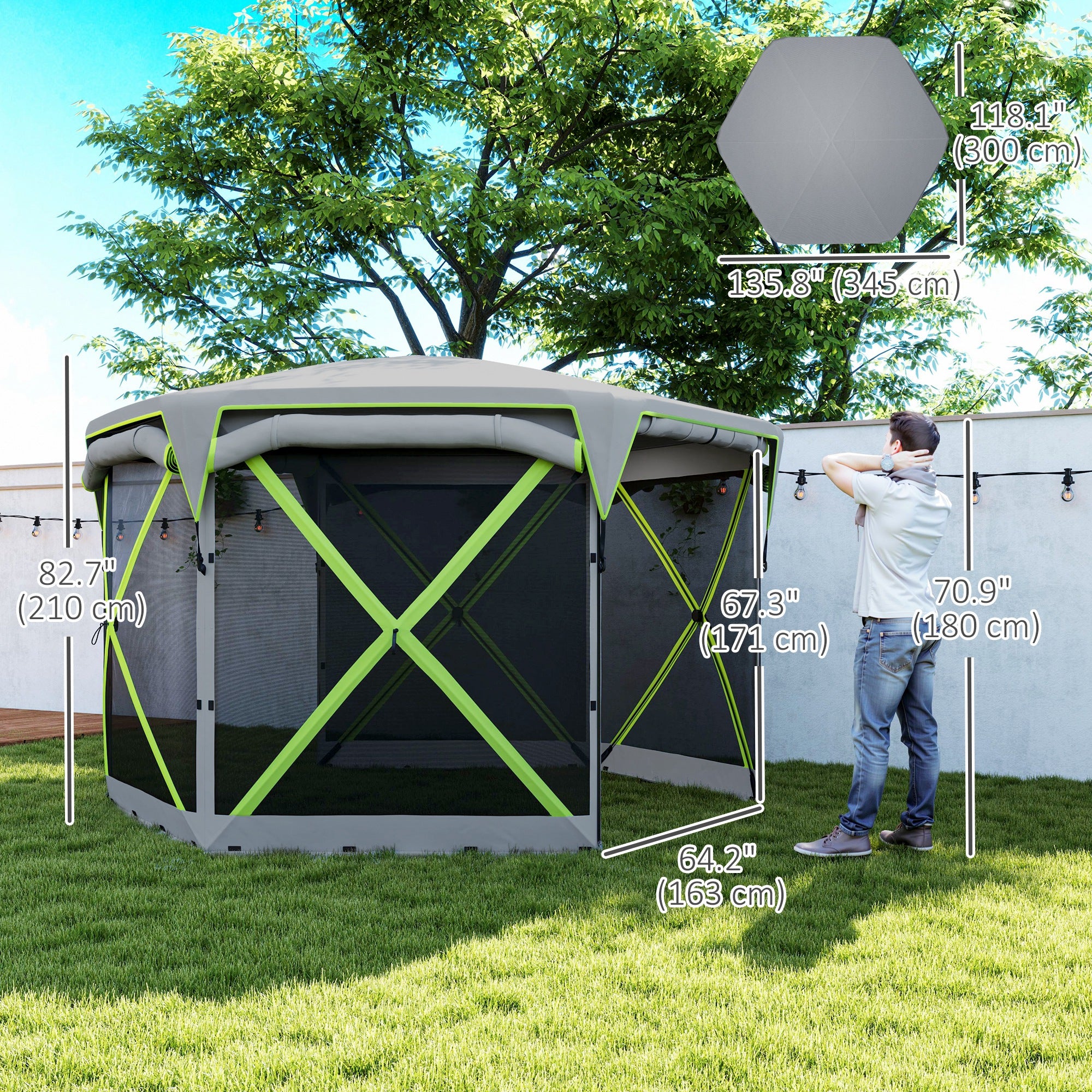 Outsunny Pop Up Camping Gazebo, 11 x 11ft Screen Tent House with UPF30+ Removable Roof Cover, 4 Roll-up Wind Panels and Portable Storage Bag for Patio, Backyard, Lawn