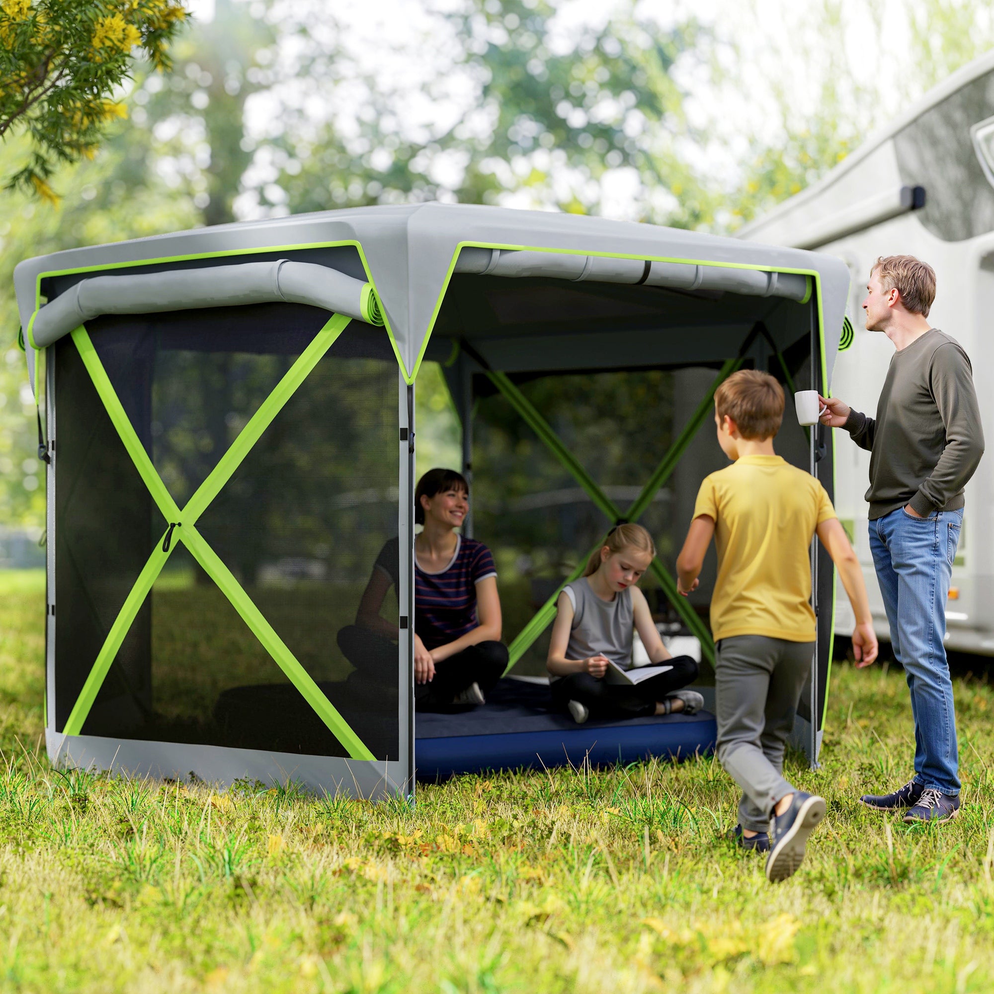 Outsunny Pop Up Camping Gazebo, 11 x 11ft Screen Tent House with UPF30+ Removable Roof Cover, 4 Roll-up Wind Panels and Portable Storage Bag for Patio, Backyard, Lawn