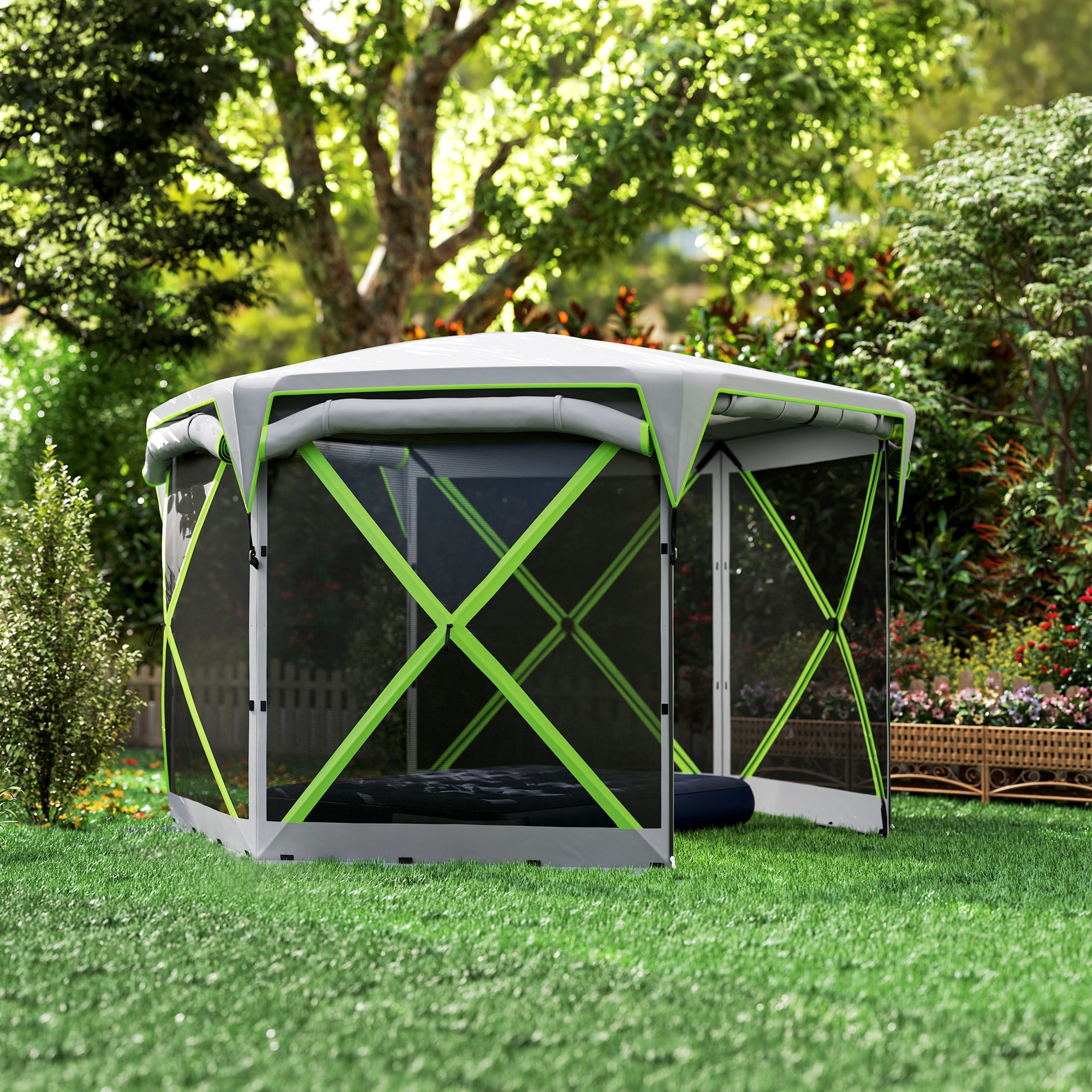 Outsunny Pop Up Camping Gazebo, 11 x 11ft Screen Tent House with UPF30+ Removable Roof Cover, 4 Roll-up Wind Panels and Portable Storage Bag for Patio, Backyard, Lawn