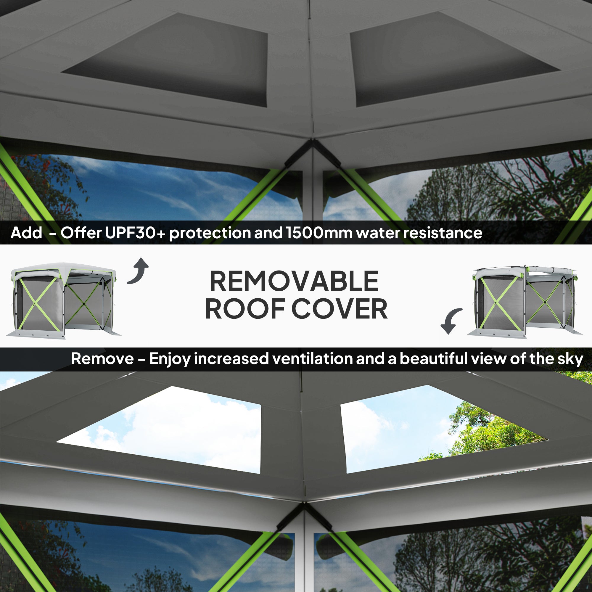 Outsunny Pop Up Camping Gazebo, 11 x 11ft Screen Tent House with UPF30+ Removable Roof Cover, 4 Roll-up Wind Panels and Portable Storage Bag for Patio, Backyard, Lawn