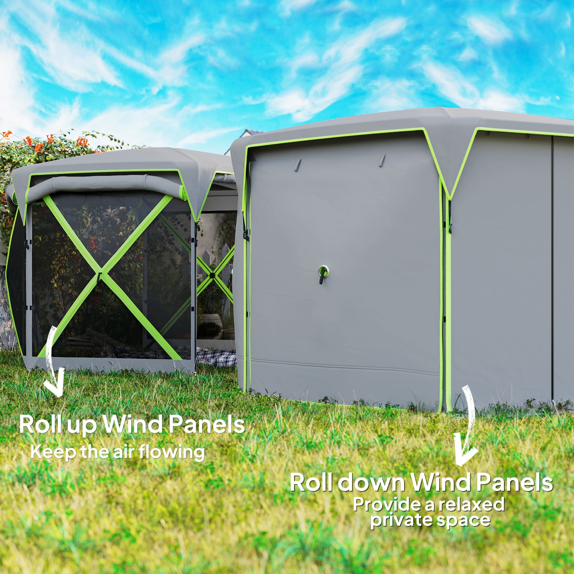 Outsunny Pop Up Camping Gazebo, 11 x 11ft Screen Tent House with UPF30+ Removable Roof Cover, 4 Roll-up Wind Panels and Portable Storage Bag for Patio, Backyard, Lawn