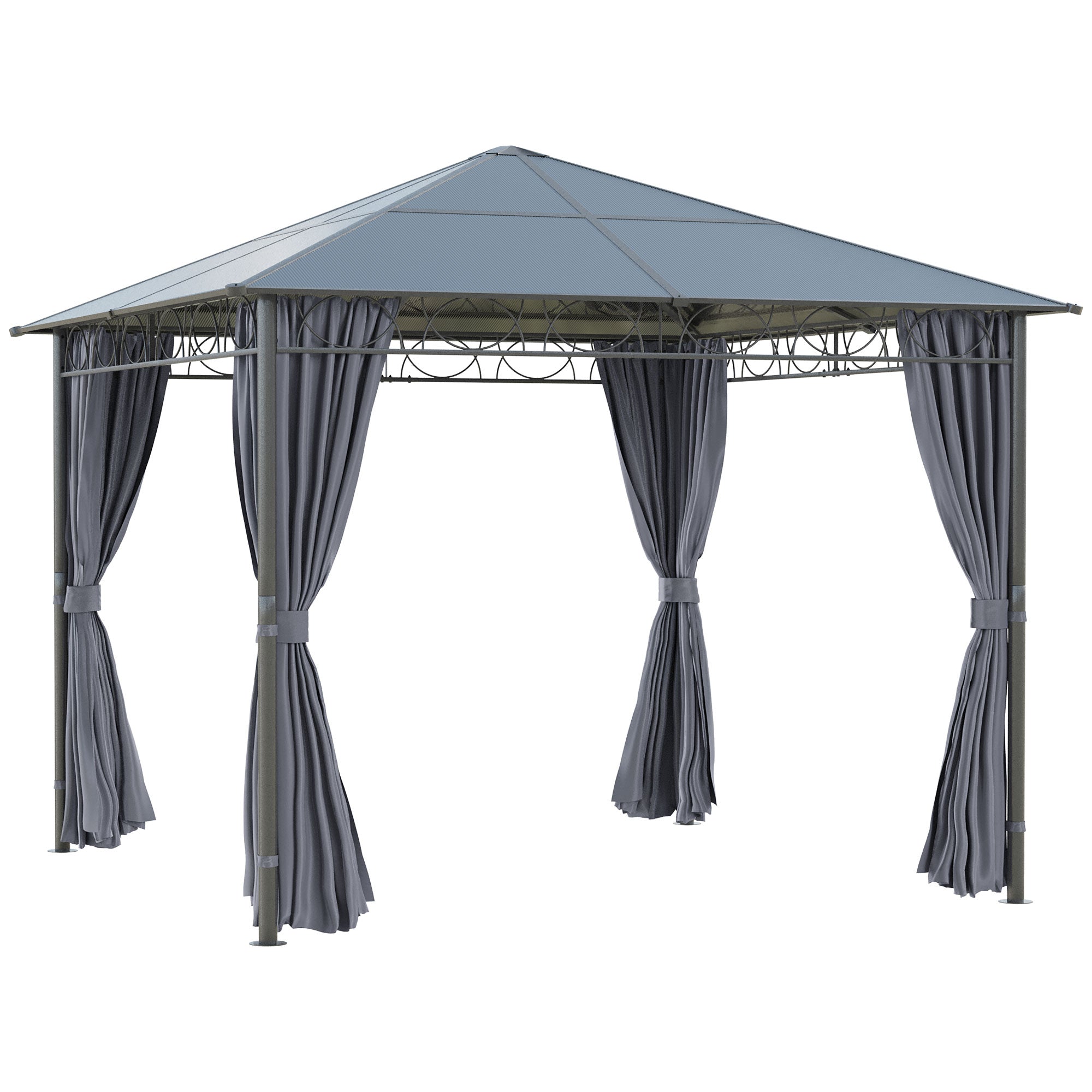 Outsunny 10' x 10' Polycarbonate Hardtop Gazebo Canopy, Outdoor Patio Gazebo with Aluminum Frame & Curtains, Dark Grey