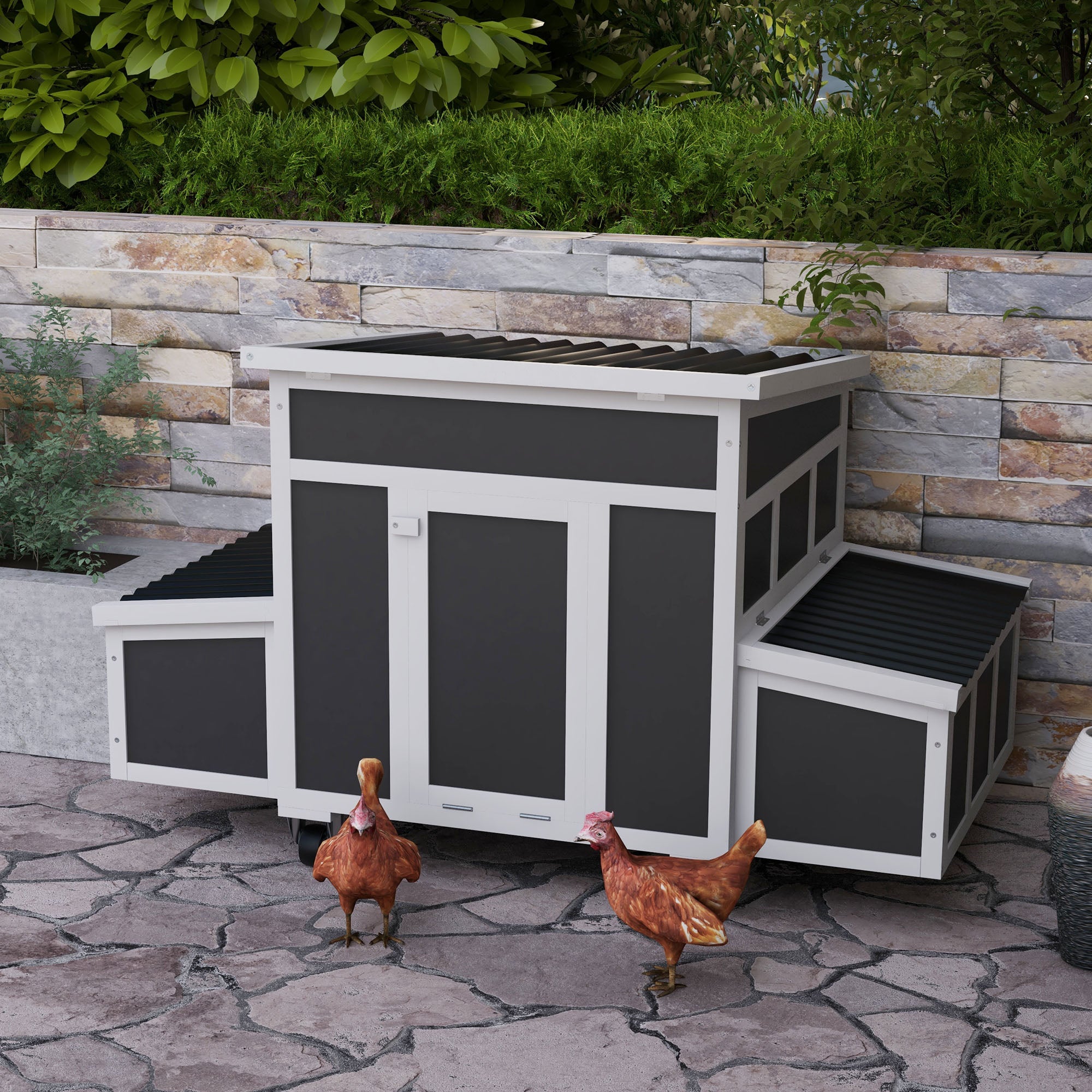 PawHut Wooden Chicken Coop with Nesting Box, Outdoor Poultry Cage Rabbit Hutch for 6 Chickens with Pull Out Tray, Perches, Ramp, Windows for Duck, Hen, Small Animals, Dark Gray