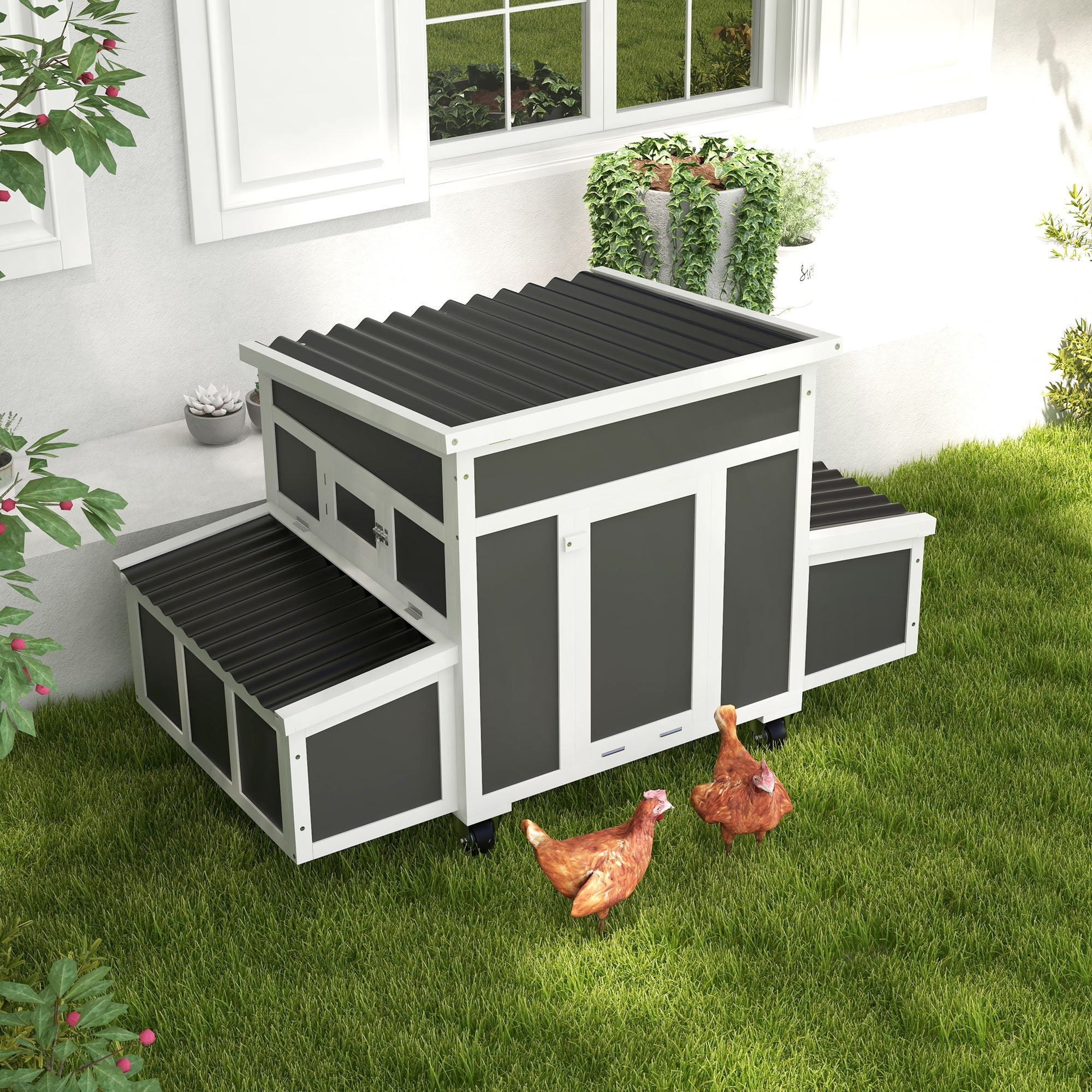 PawHut Wooden Chicken Coop with Nesting Box, Outdoor Poultry Cage Rabbit Hutch for 6 Chickens with Pull Out Tray, Perches, Ramp, Windows for Duck, Hen, Small Animals, Dark Gray