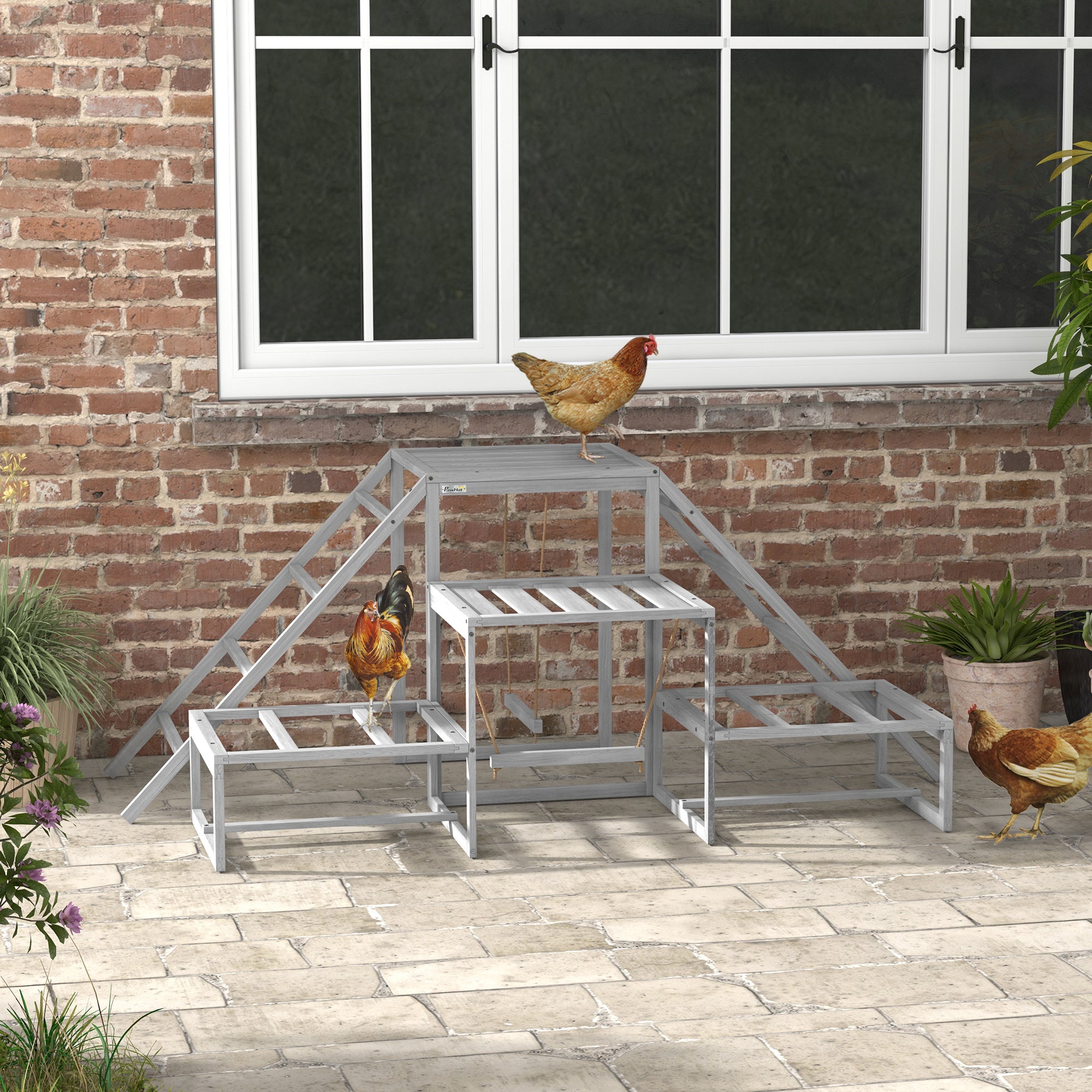 PawHut Chicken Perch for Coop with Swing Set, Chicken Toys, Chicken Coop Accessories for Poultry Run with Wood Stand, Ladder, Platforms, for 10-15 Chickens, Gray