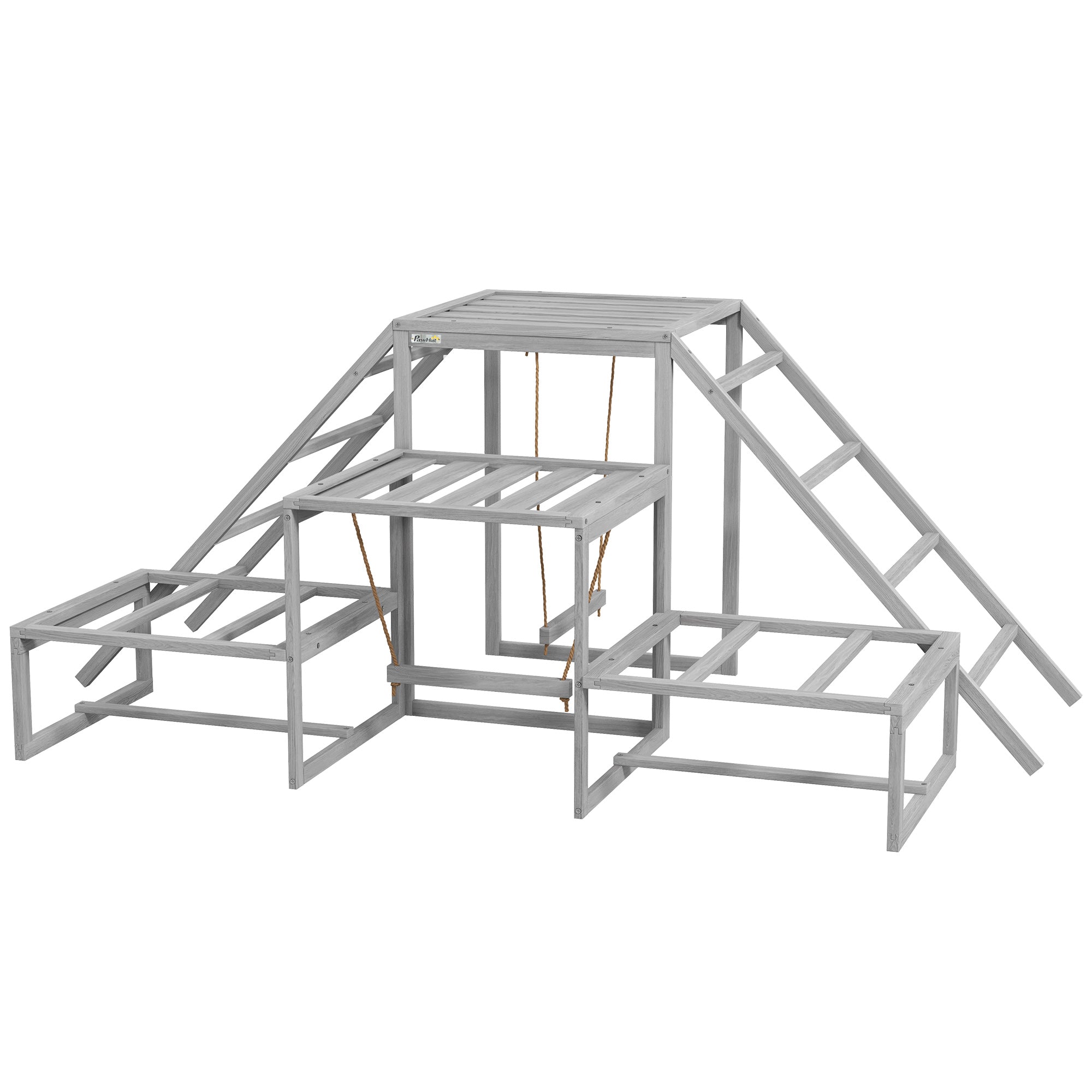 PawHut Chicken Perch for Coop with Swing Set, Chicken Toys, Chicken Coop Accessories for Poultry Run with Wood Stand, Ladder, Platforms, for 10-15 Chickens, Gray
