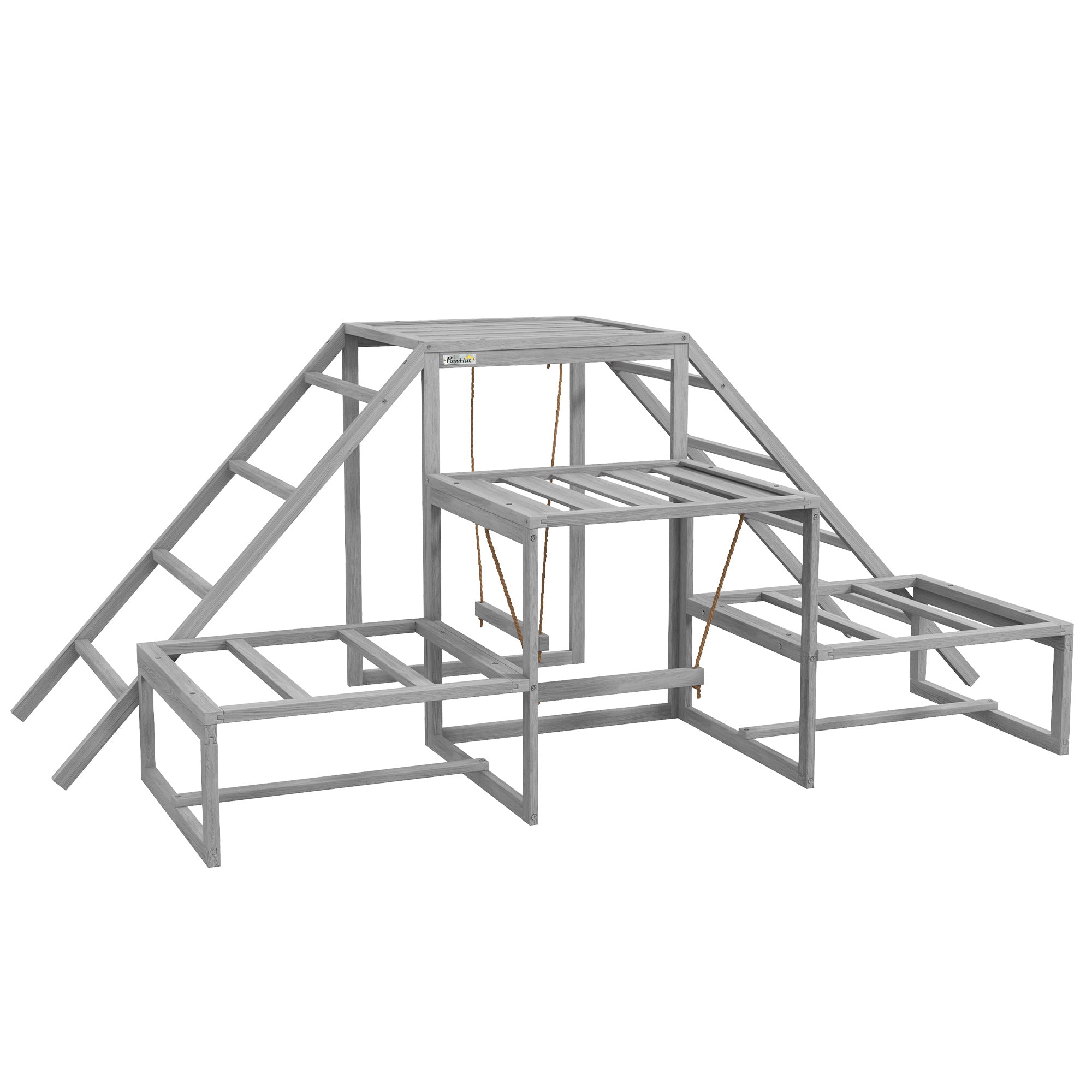PawHut Chicken Perch for Coop with Swing Set, Chicken Toys, Chicken Coop Accessories for Poultry Run with Wood Stand, Ladder, Platforms, for 10-15 Chickens, Gray