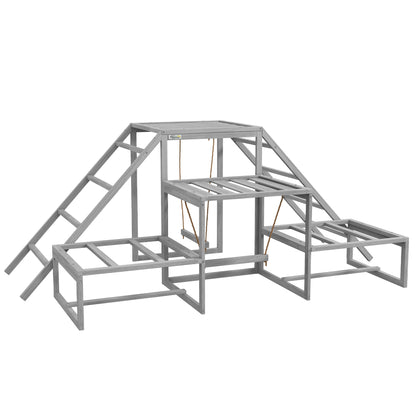 PawHut Chicken Perch for Coop with Swing Set, Chicken Toys, Chicken Coop Accessories for Poultry Run with Wood Stand, Ladder, Platforms, for 10-15 Chickens, Gray