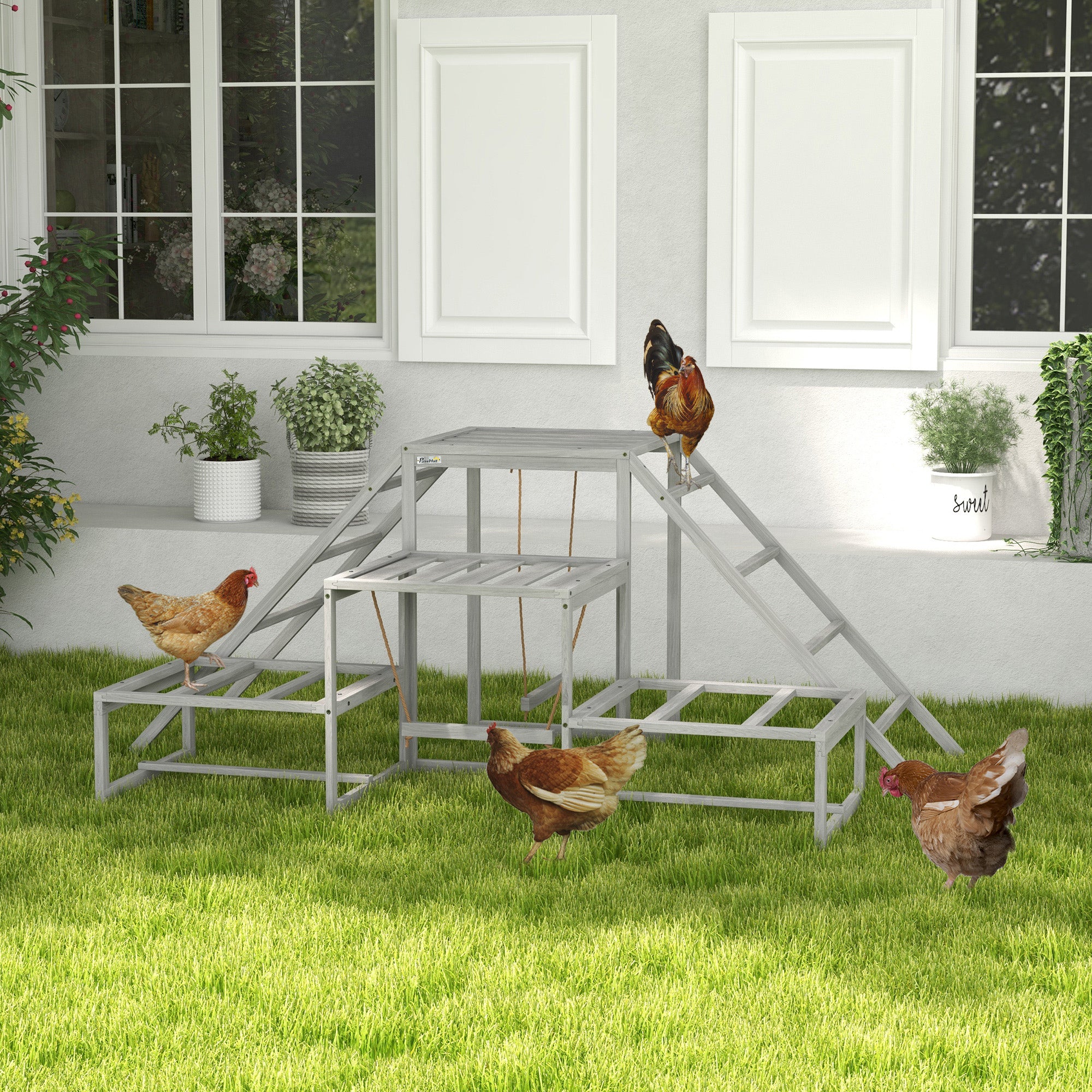 PawHut Chicken Perch for Coop with Swing Set, Chicken Toys, Chicken Coop Accessories for Poultry Run with Wood Stand, Ladder, Platforms, for 10-15 Chickens, Gray