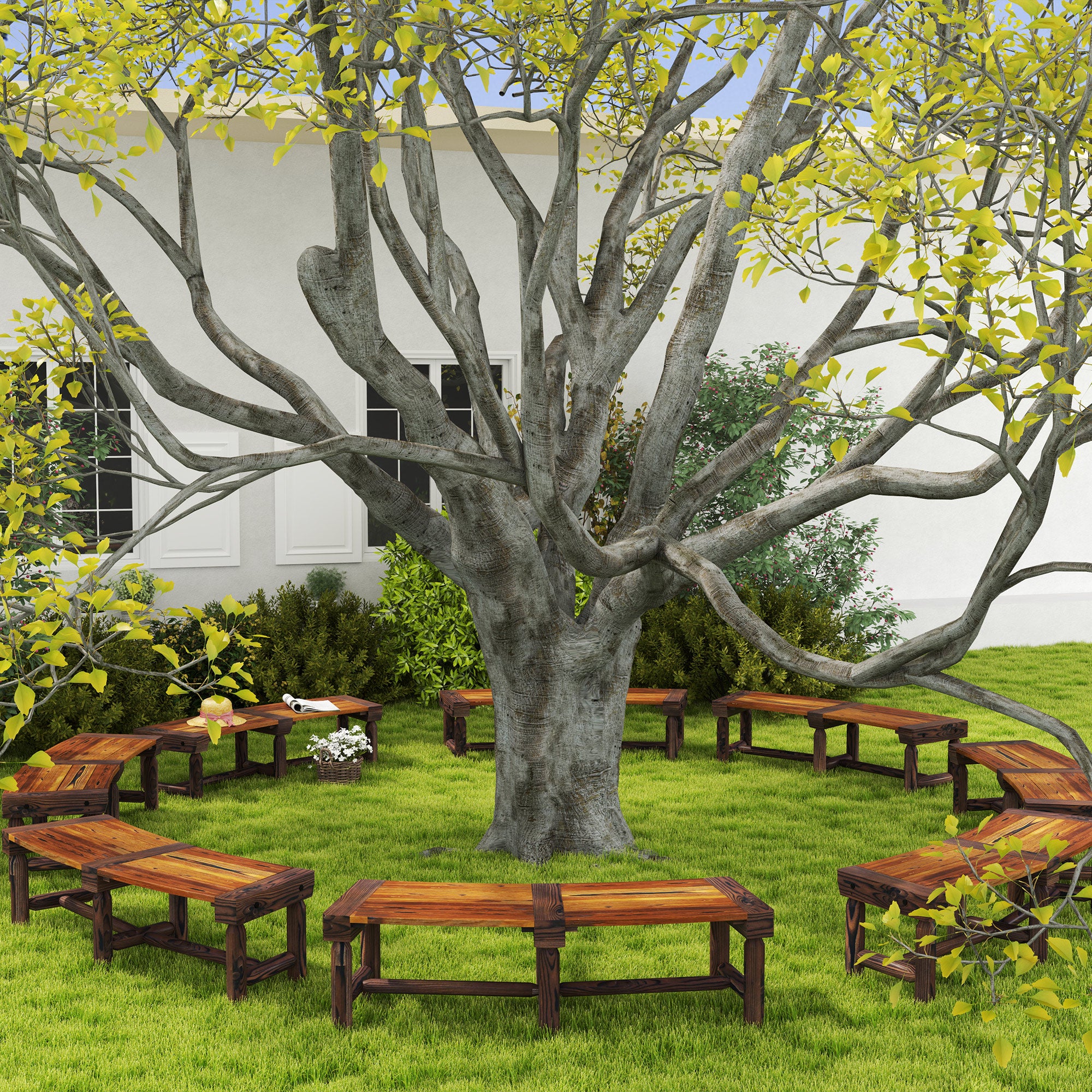 Outsunny Wooden Outdoor Bench, Semicircular Round Patio Loveseat, Wrap Around Tree Bench with Slatted Seat for Yard, Garden, Deck, Lawn, Brown