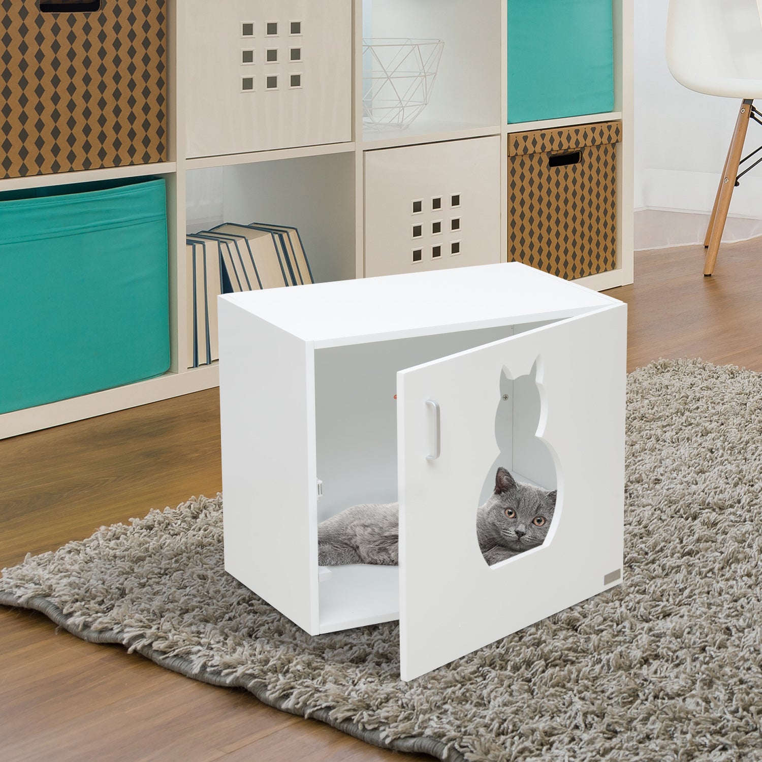 PawHut Wooden Cat Litter Box Enclosure Toilet Home Cabinet Pet Self Cleaning Kitty House Stand Bathroom Furniture Hidden Washroom White 51H x 60W x 41D cm