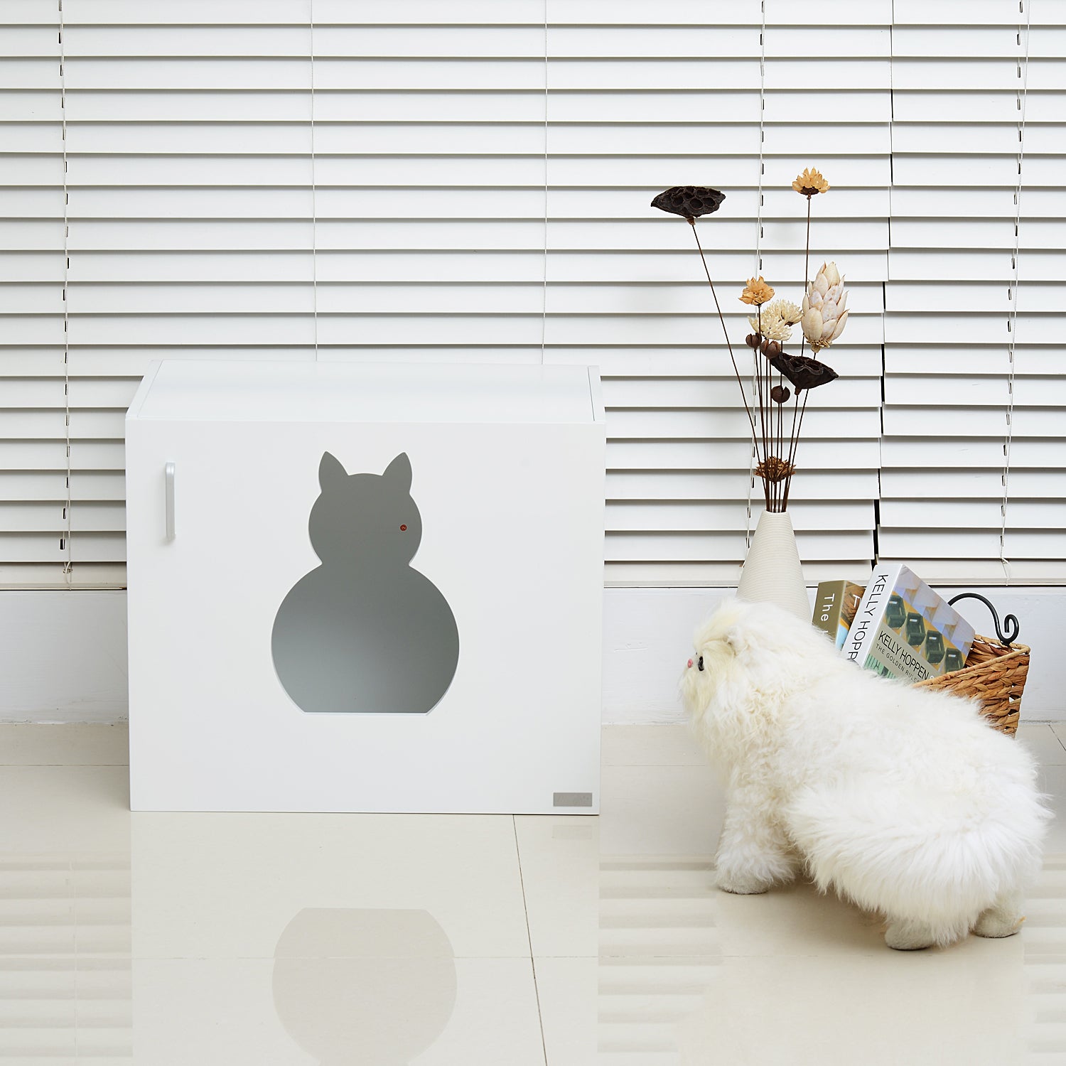 PawHut Wooden Cat Litter Box Enclosure Toilet Home Cabinet Pet Self Cleaning Kitty House Stand Bathroom Furniture Hidden Washroom White 51H x 60W x 41D cm