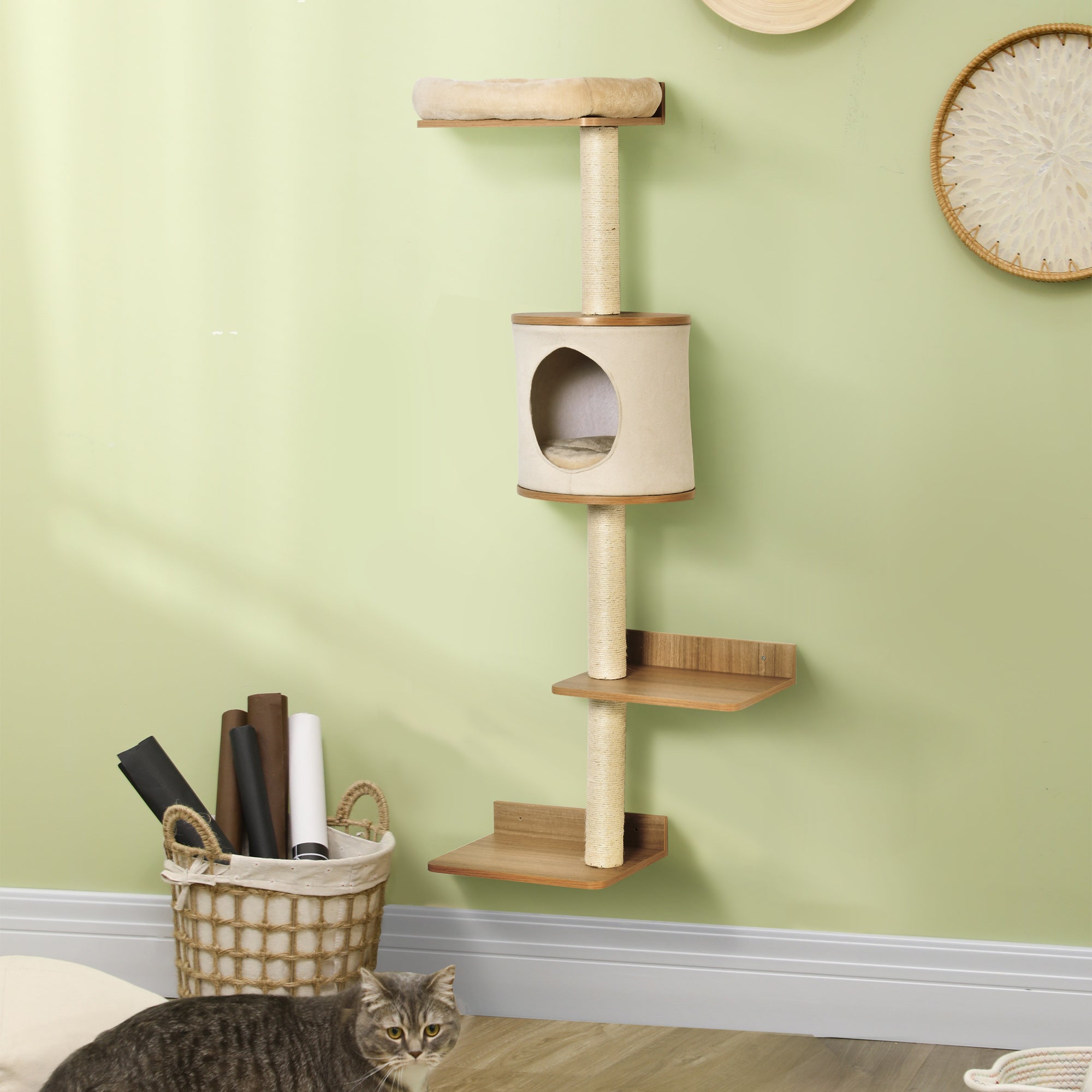PawHut Cat Tree for Indoor Cats, Wall Mounted Cat Shelf w/ Perch, Cat House, Scratching Post - Beige