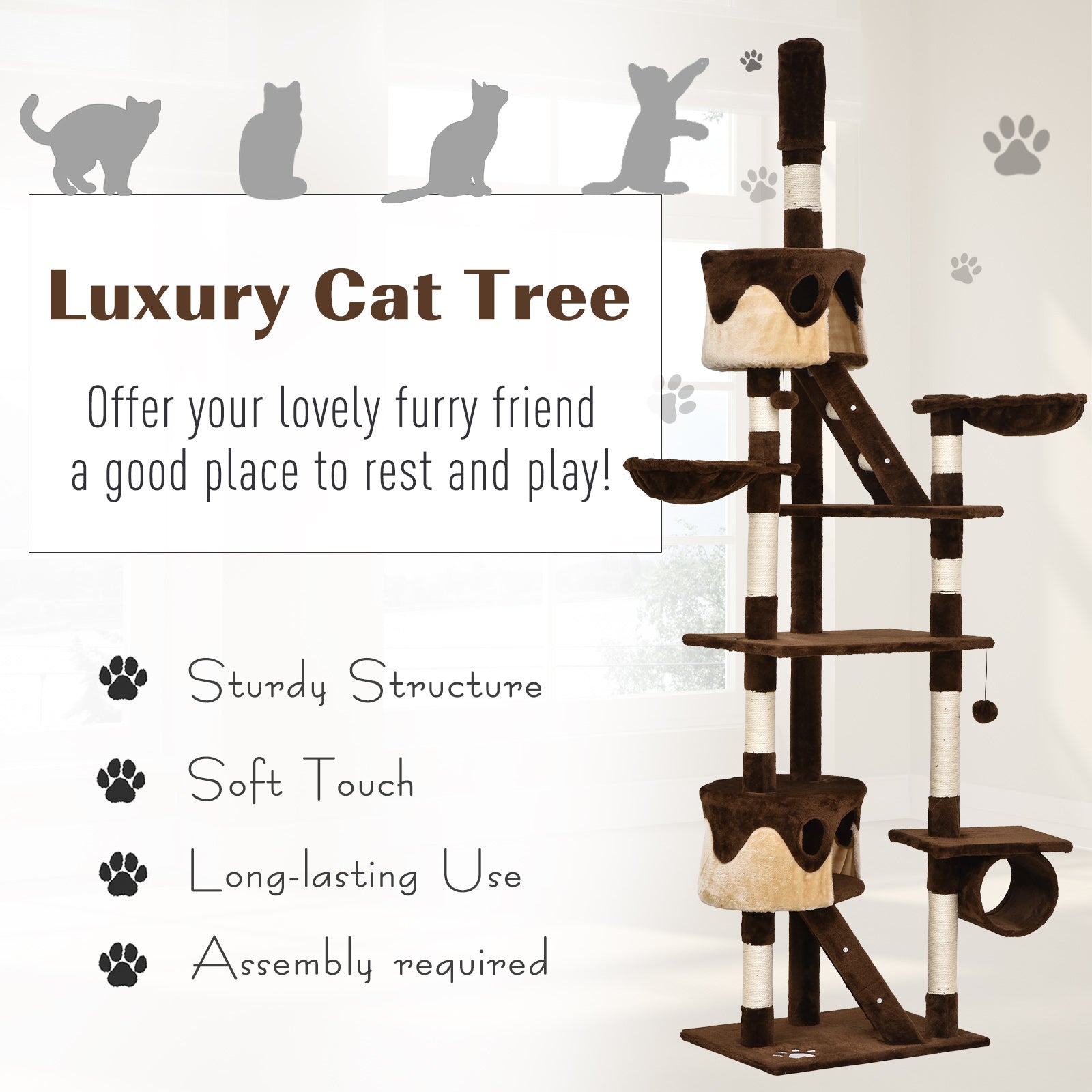 PawHut Cat Tower for Large Cats Adult, Floor to Ceiling Cat Tree Adjustable Height 94"-102" Multi-Level with Scratching Posts, Cozy Hammock, Dangling Ball Toy, Brown