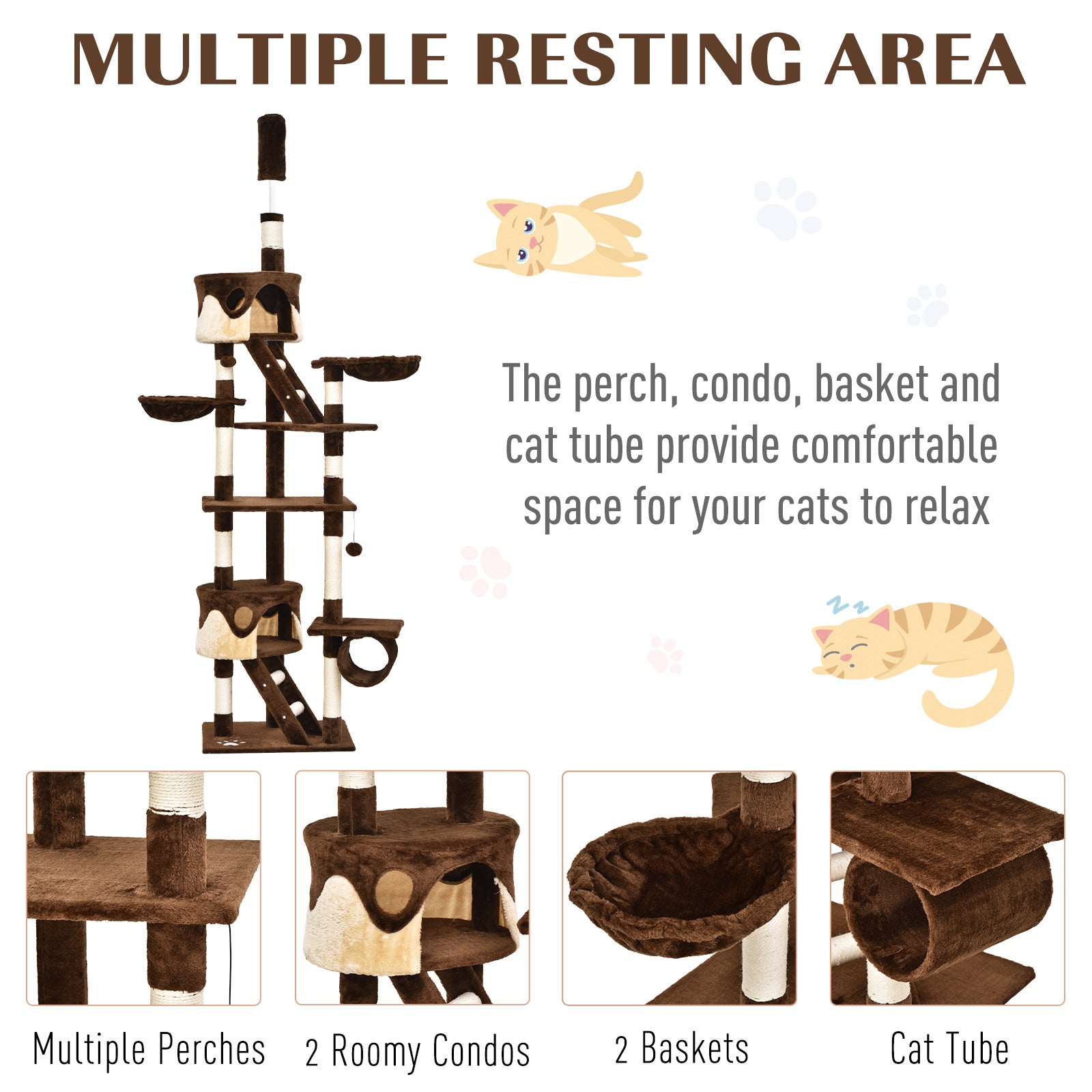 PawHut Cat Tower for Large Cats Adult, Floor to Ceiling Cat Tree Adjustable Height 94"-102" Multi-Level with Scratching Posts, Cozy Hammock, Dangling Ball Toy, Brown