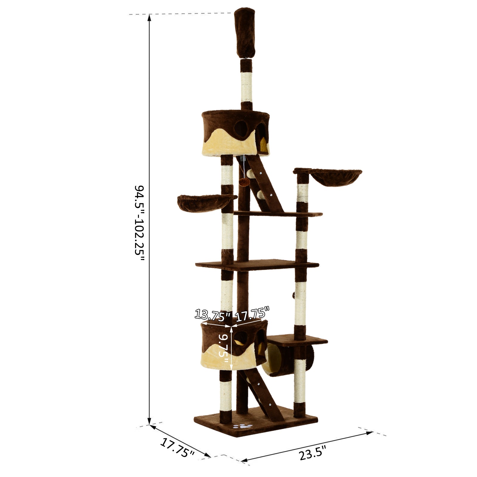 PawHut Cat Tower for Large Cats Adult, Floor to Ceiling Cat Tree Adjustable Height 94"-102" Multi-Level with Scratching Posts, Cozy Hammock, Dangling Ball Toy, Brown