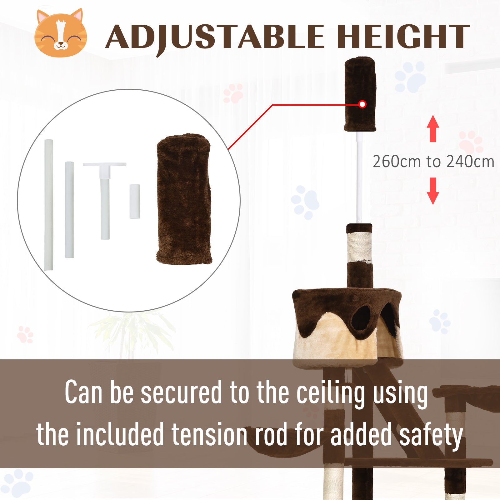 PawHut Cat Tower for Large Cats Adult, Floor to Ceiling Cat Tree Adjustable Height 94"-102" Multi-Level with Scratching Posts, Cozy Hammock, Dangling Ball Toy, Brown