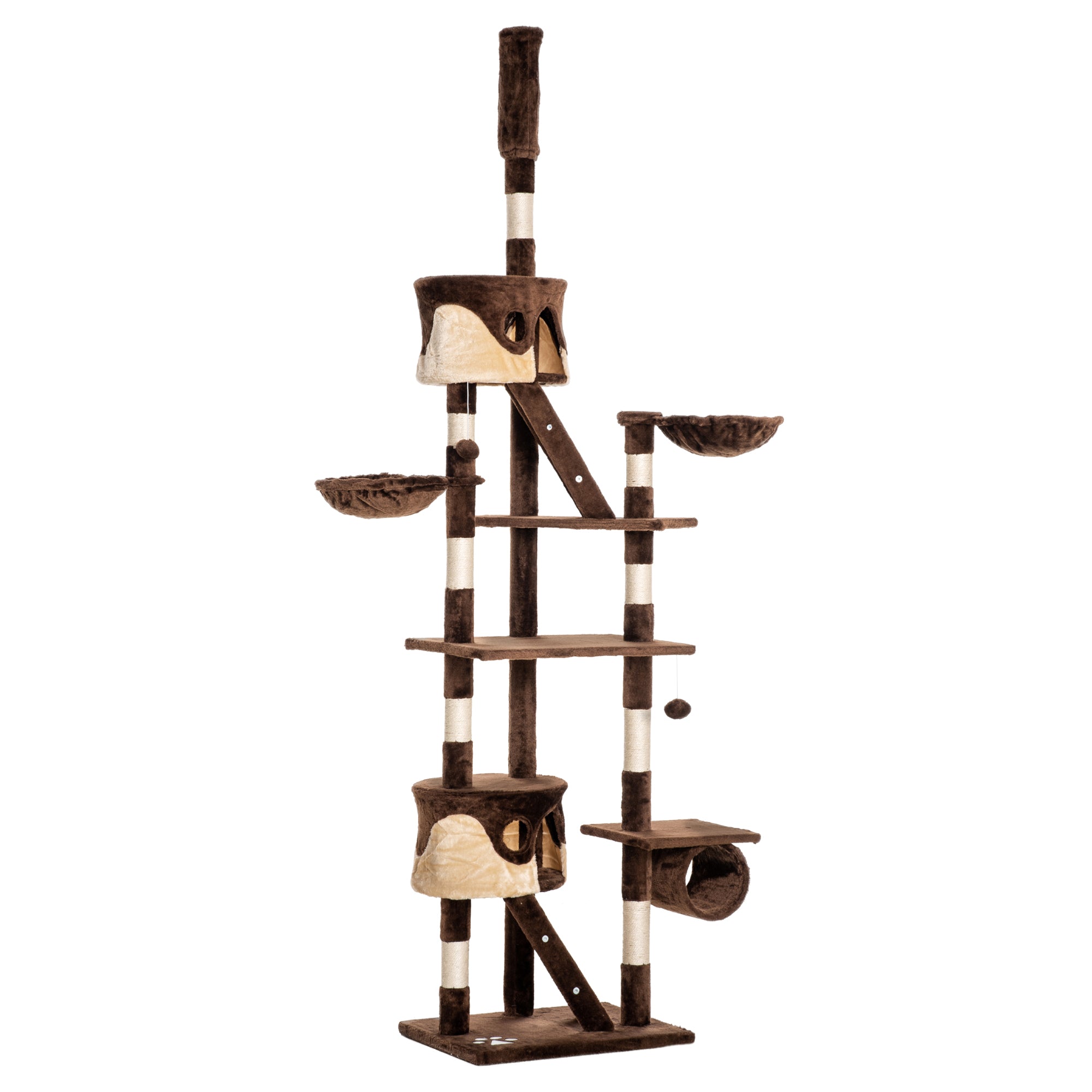 PawHut Cat Tower for Large Cats Adult, Floor to Ceiling Cat Tree Adjustable Height 94"-102" Multi-Level with Scratching Posts, Cozy Hammock, Dangling Ball Toy, Brown