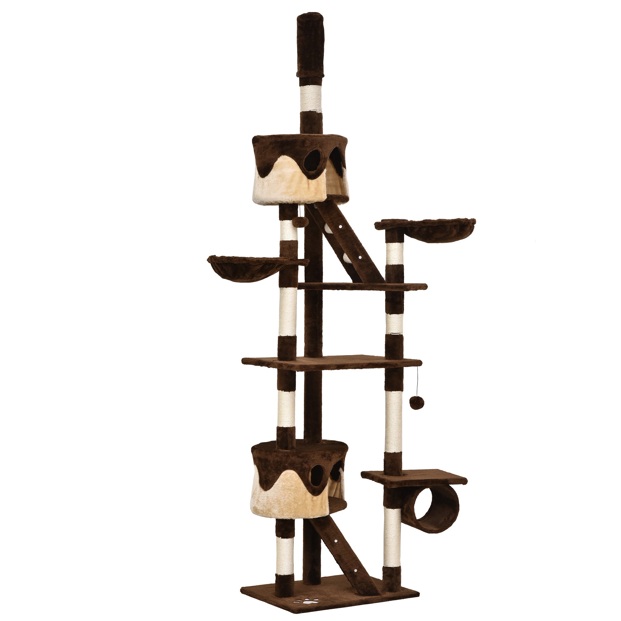 PawHut Cat Tower for Large Cats Adult, Floor to Ceiling Cat Tree Adjustable Height 94"-102" Multi-Level with Scratching Posts, Cozy Hammock, Dangling Ball Toy, Brown