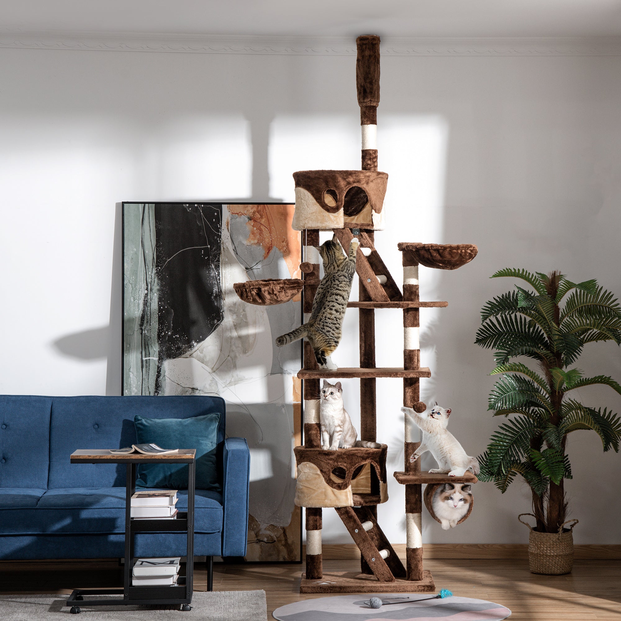PawHut Cat Tower for Large Cats Adult, Floor to Ceiling Cat Tree Adjustable Height 94"-102" Multi-Level with Scratching Posts, Cozy Hammock, Dangling Ball Toy, Brown