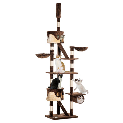 PawHut Cat Tower for Large Cats Adult, Floor to Ceiling Cat Tree Adjustable Height 94"-102" Multi-Level with Scratching Posts, Cozy Hammock, Dangling Ball Toy, Brown