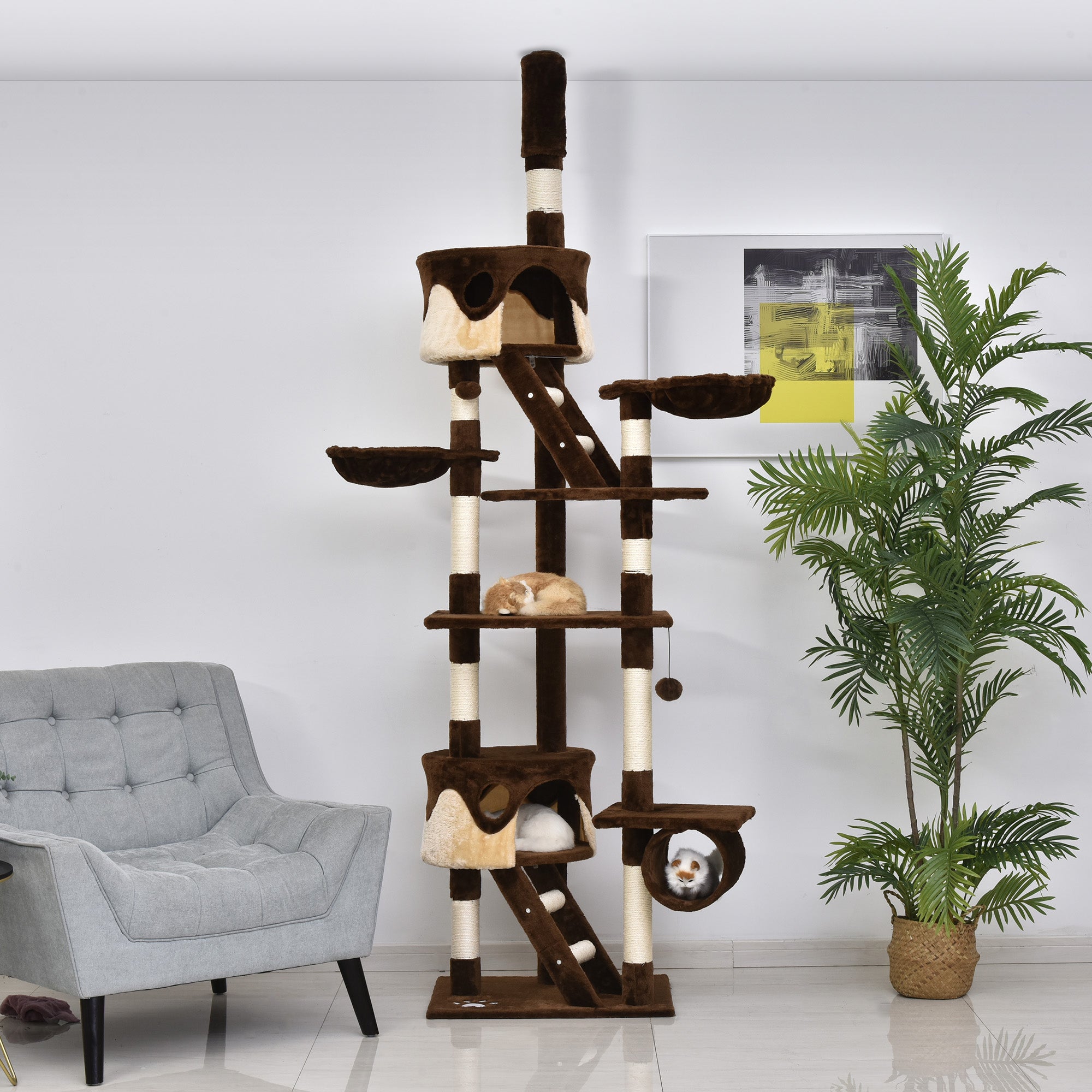 PawHut Cat Tower for Large Cats Adult, Floor to Ceiling Cat Tree Adjustable Height 94"-102" Multi-Level with Scratching Posts, Cozy Hammock, Dangling Ball Toy, Brown